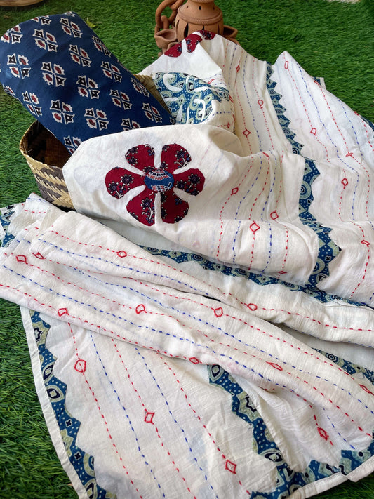 indigo kurta with white applique dupatta