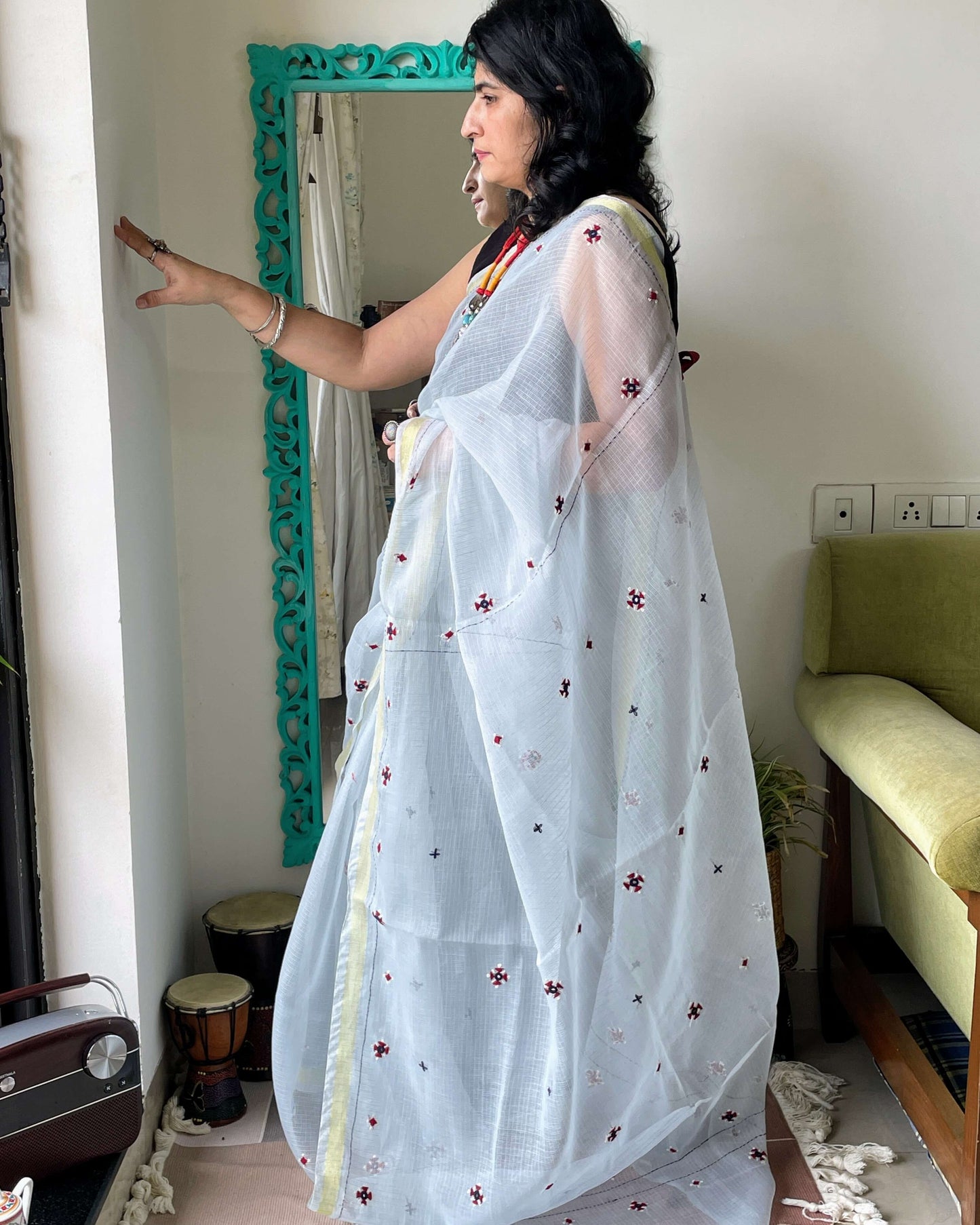 Steel grey Kota embroidered Saree