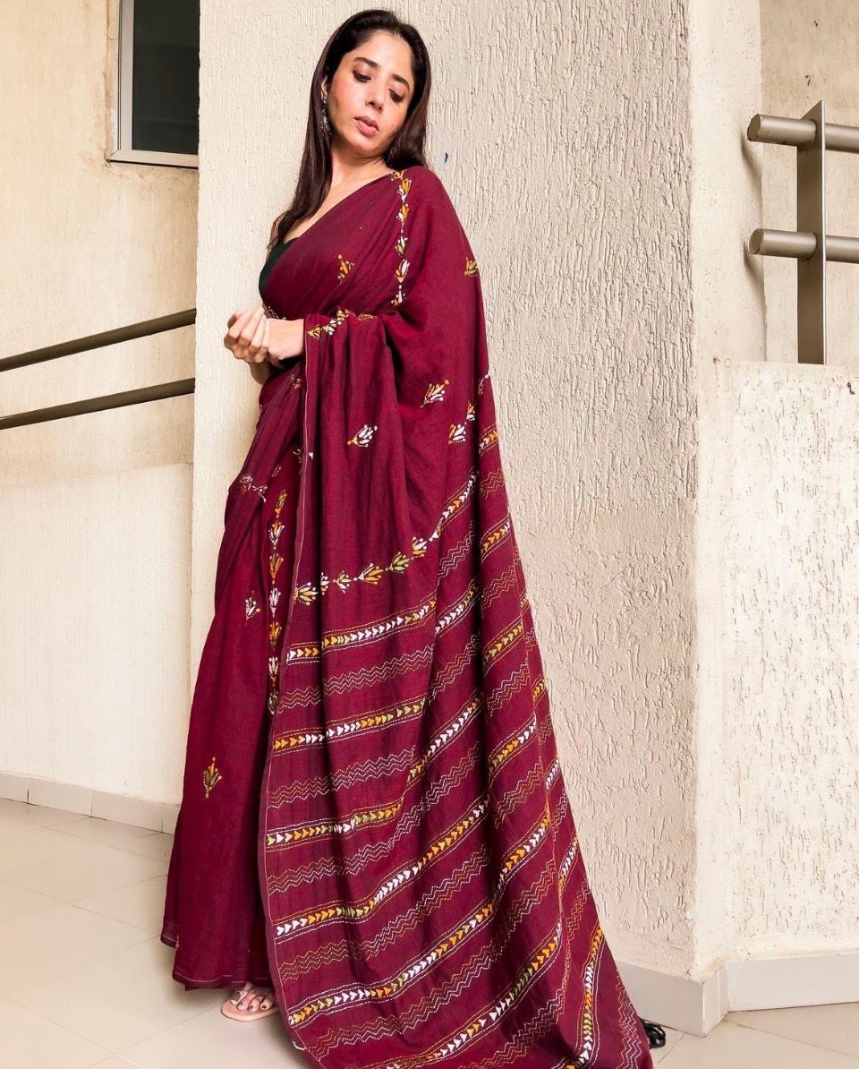 Maroon Mul Kantha Saree