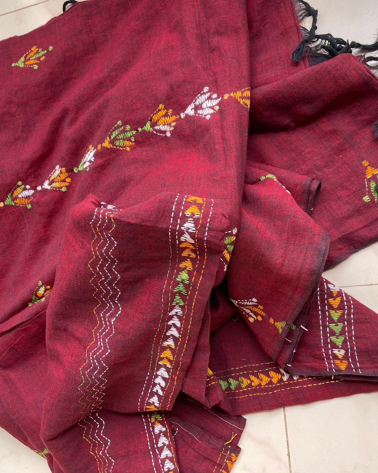 Maroon Mul Kantha Saree