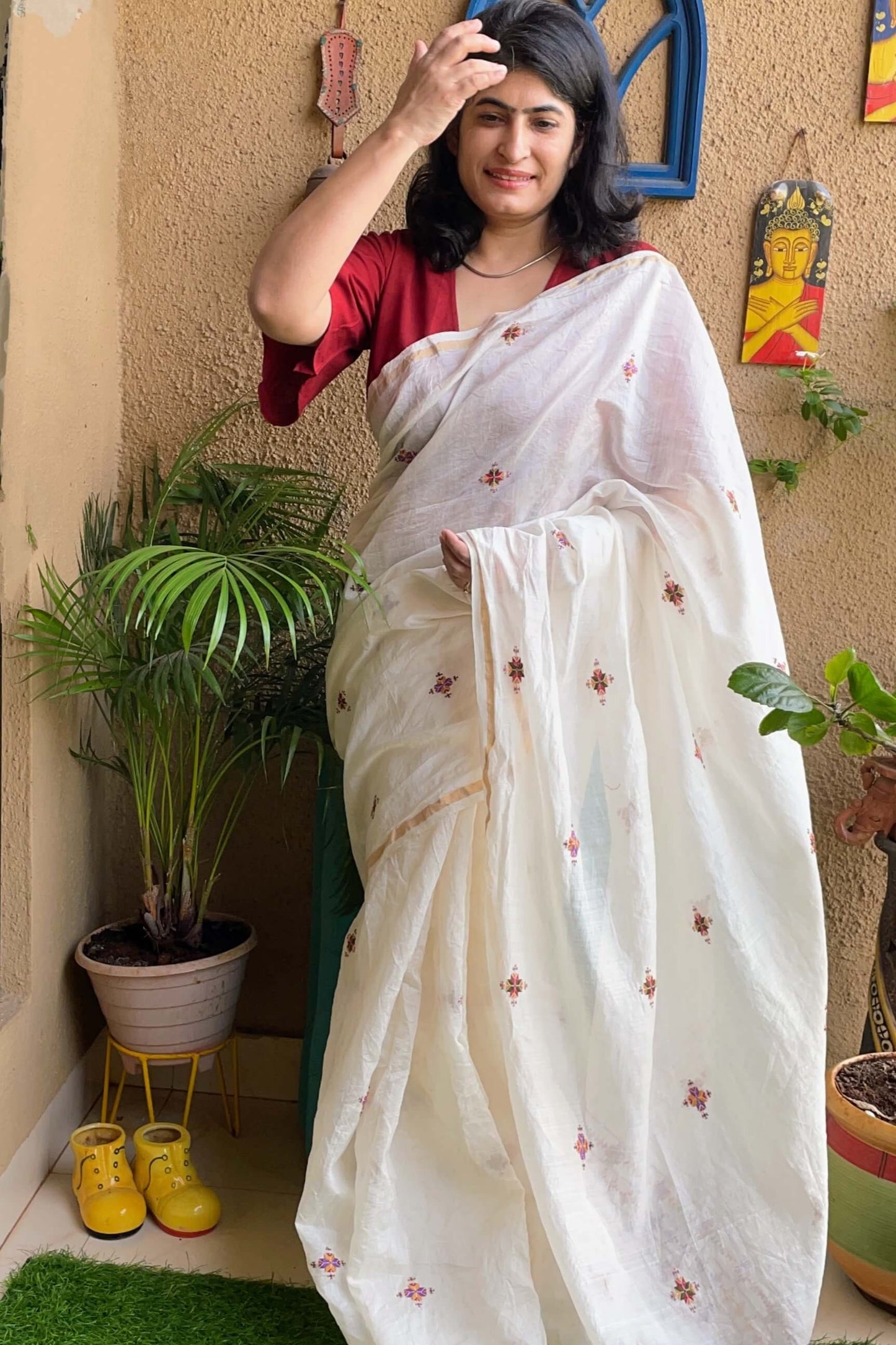 White Chanderi Soof Embroidery saree