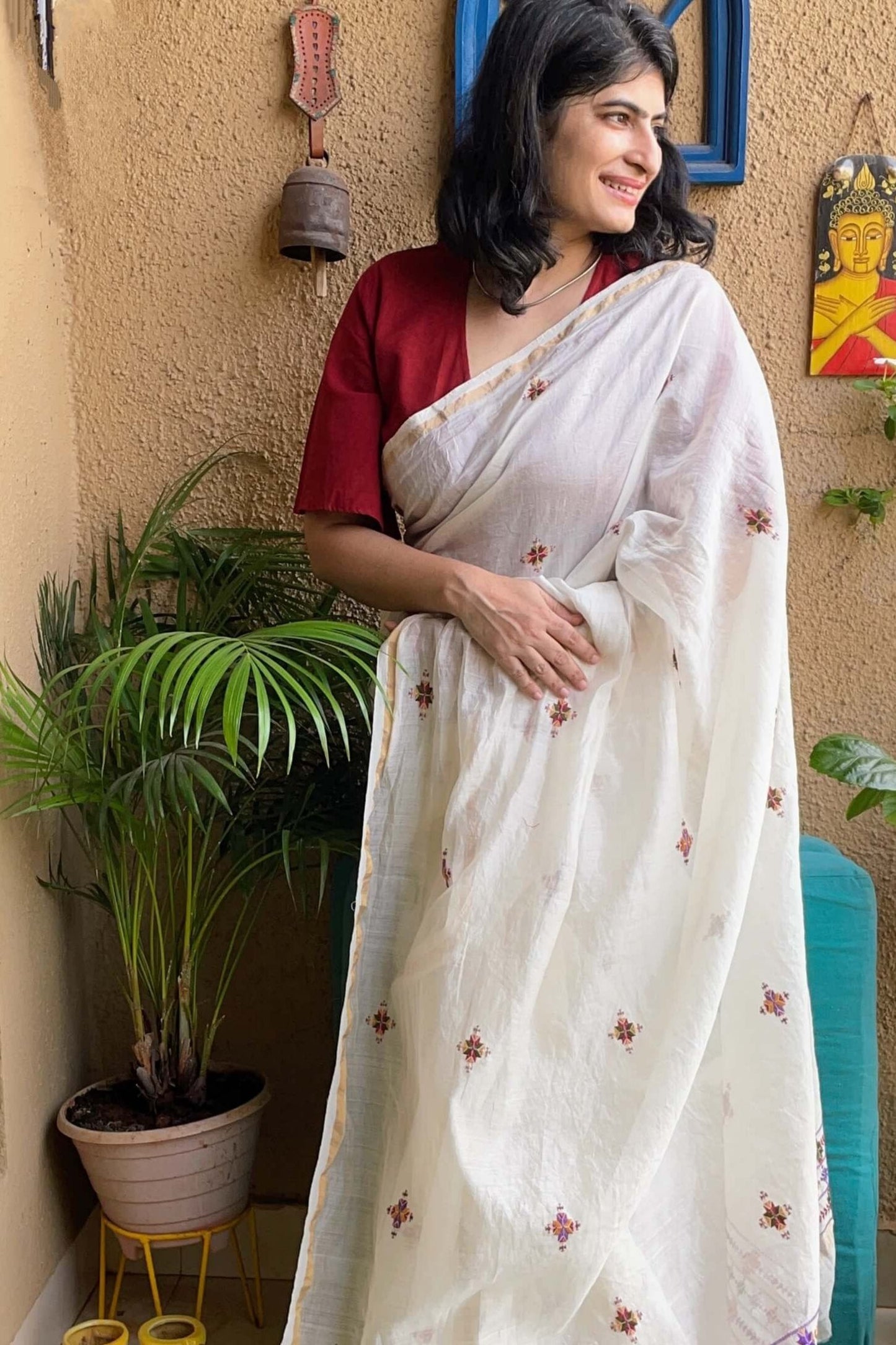 White Chanderi Soof Embroidery saree