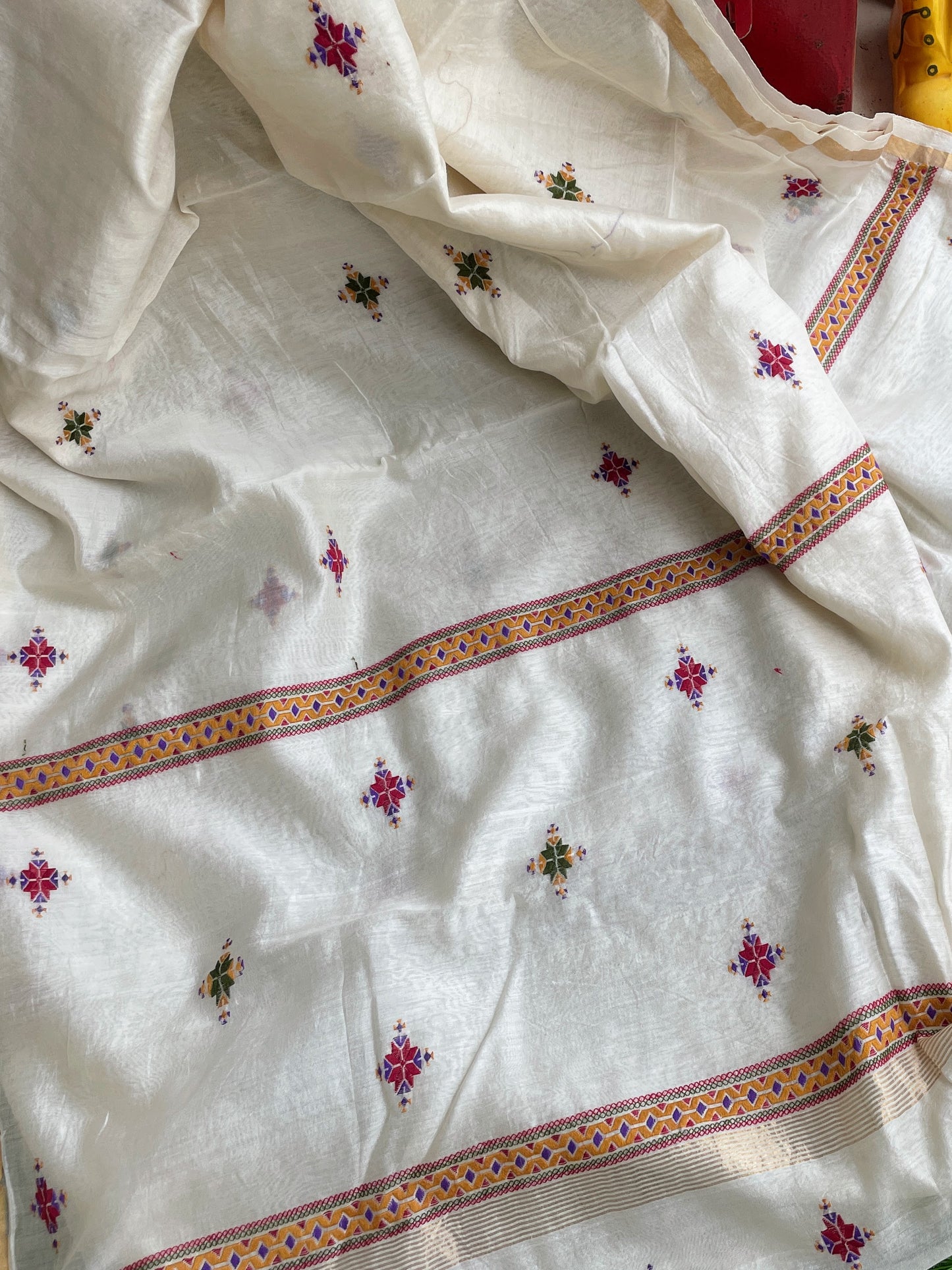 White Chanderi Soof Embroidery saree