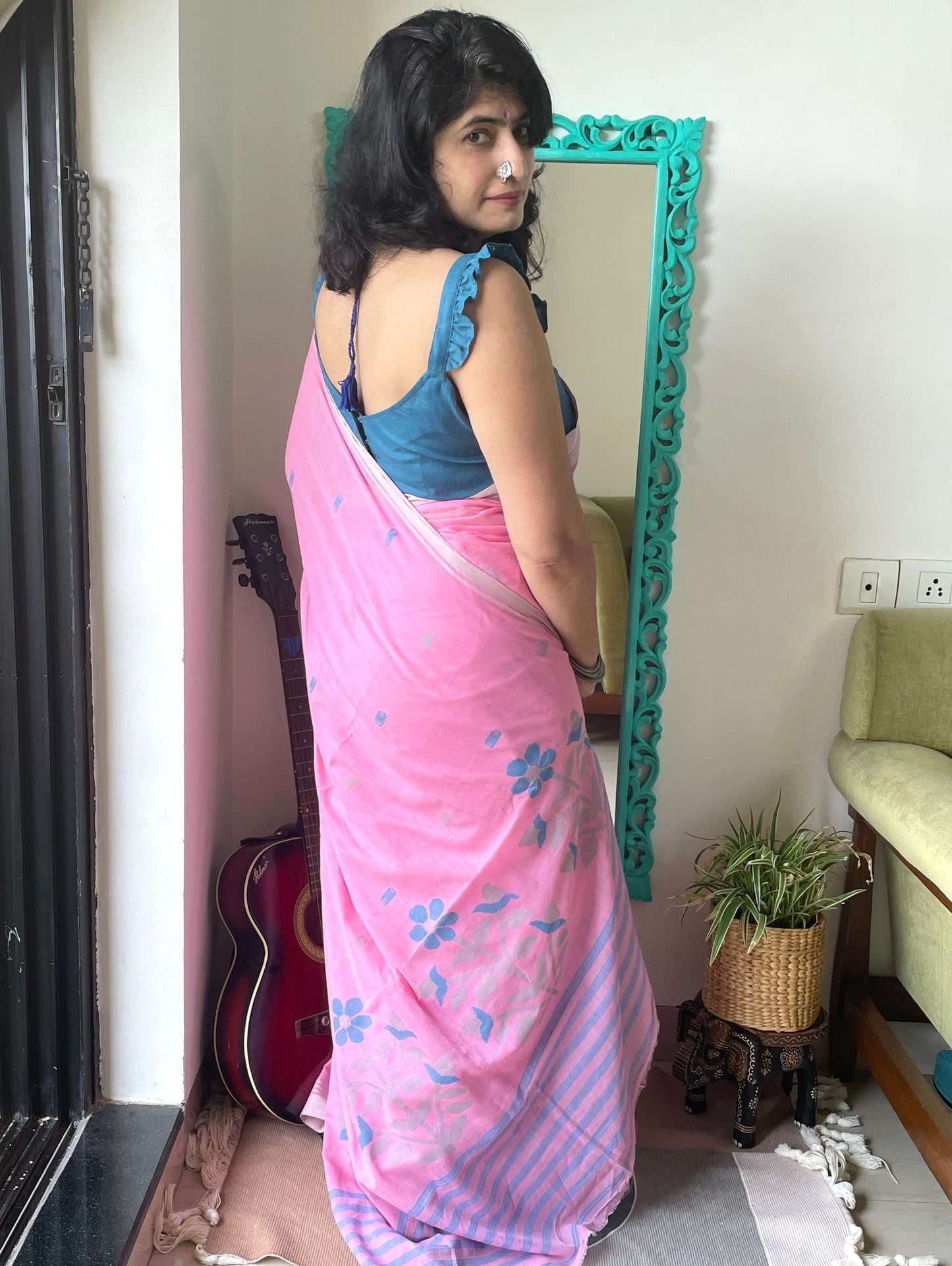 Pink Jamdani cotton saree