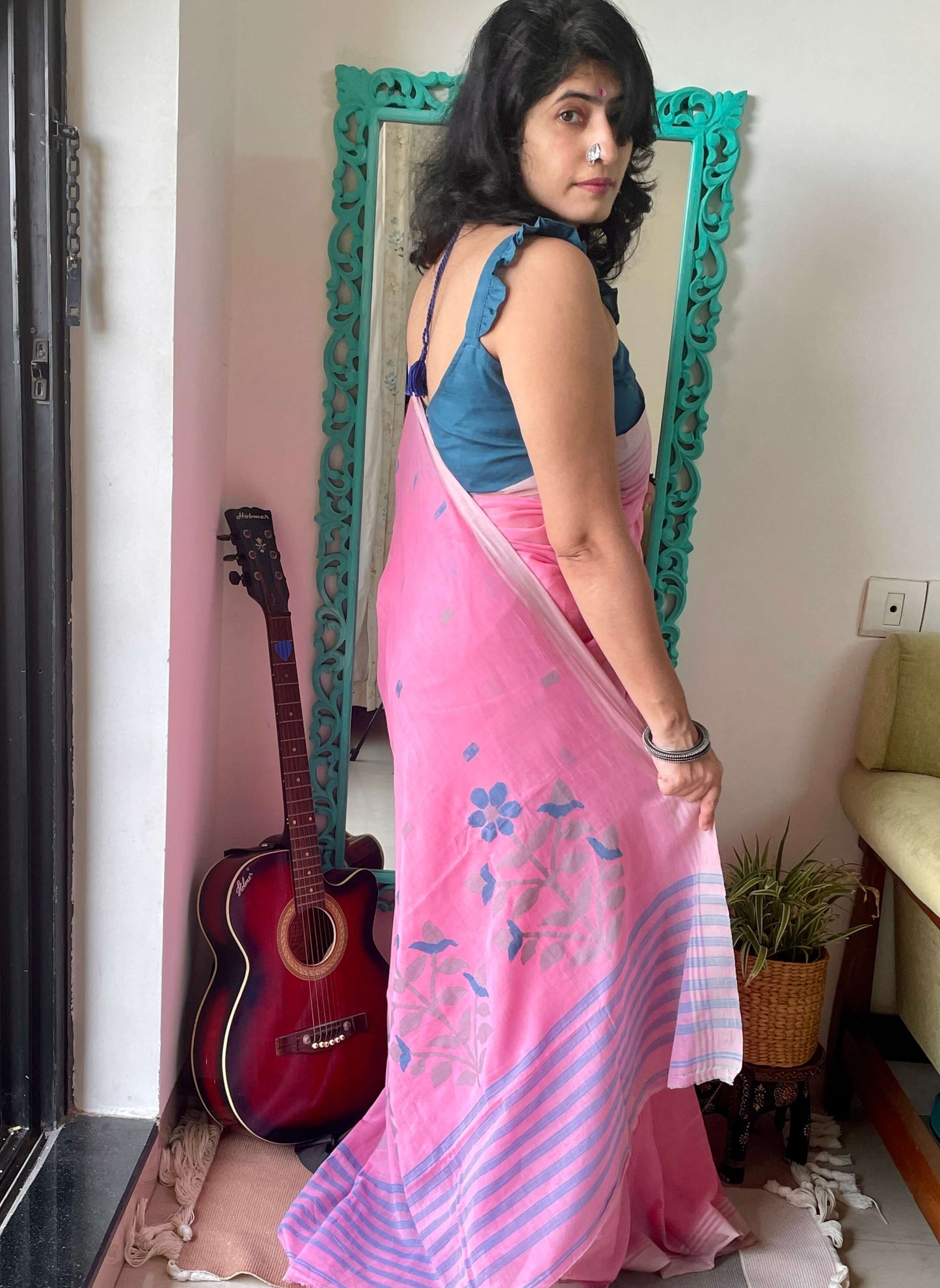 Pink Jamdani cotton saree