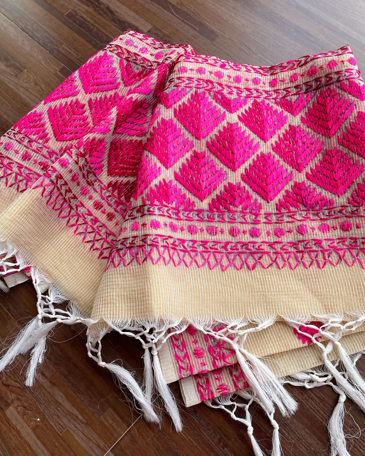 Beige pink Phulkari embroidery Dupatta