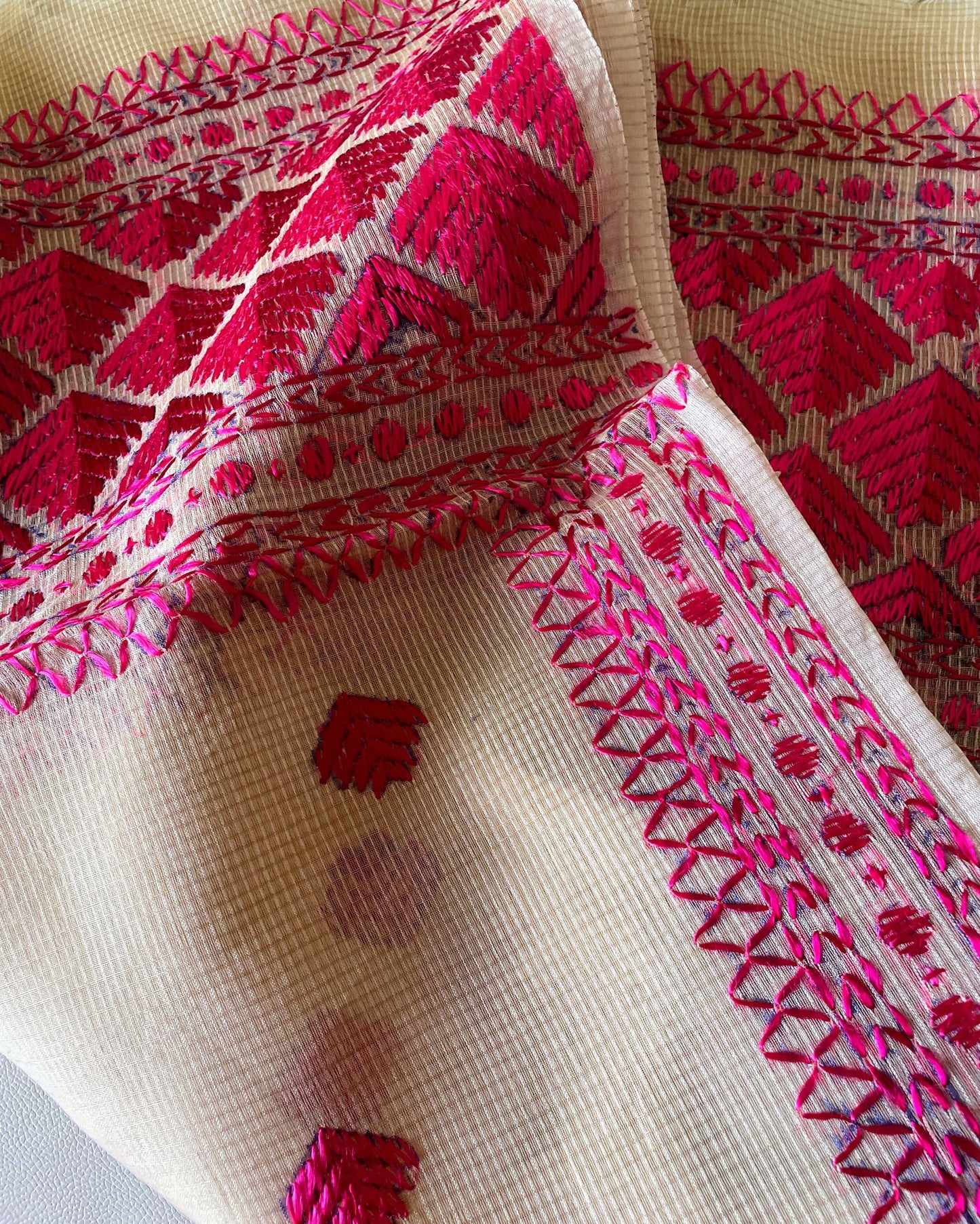 Beige pink Phulkari embroidery Dupatta