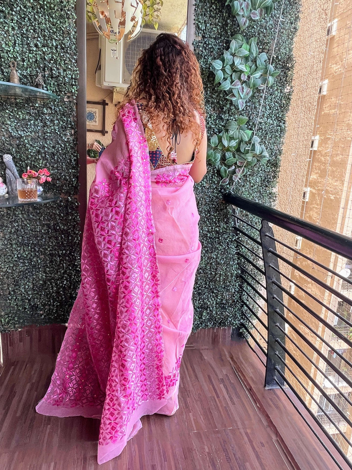 Onion Pink Phulkari embroidery Saree
