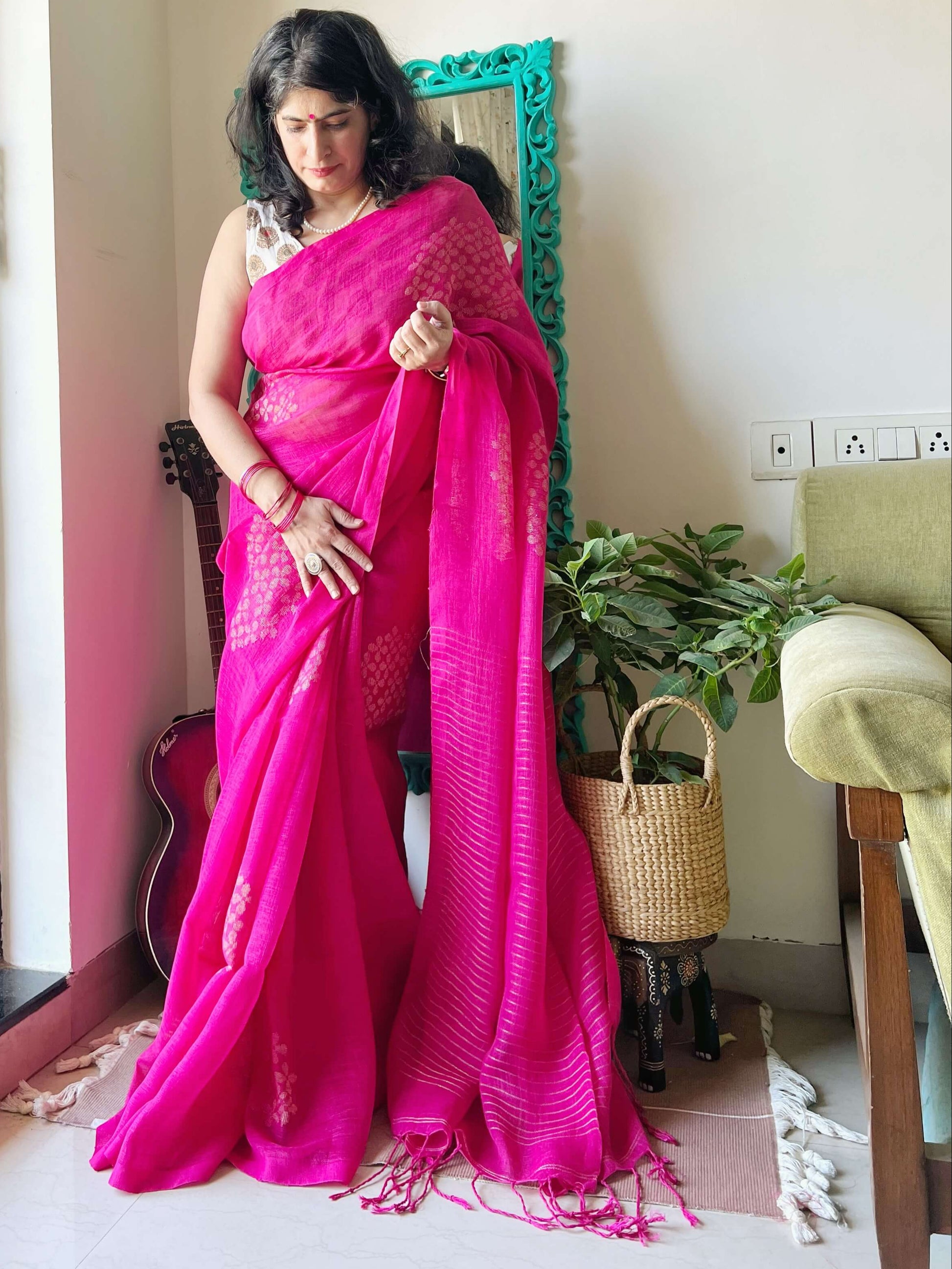 pink linen saree handloom