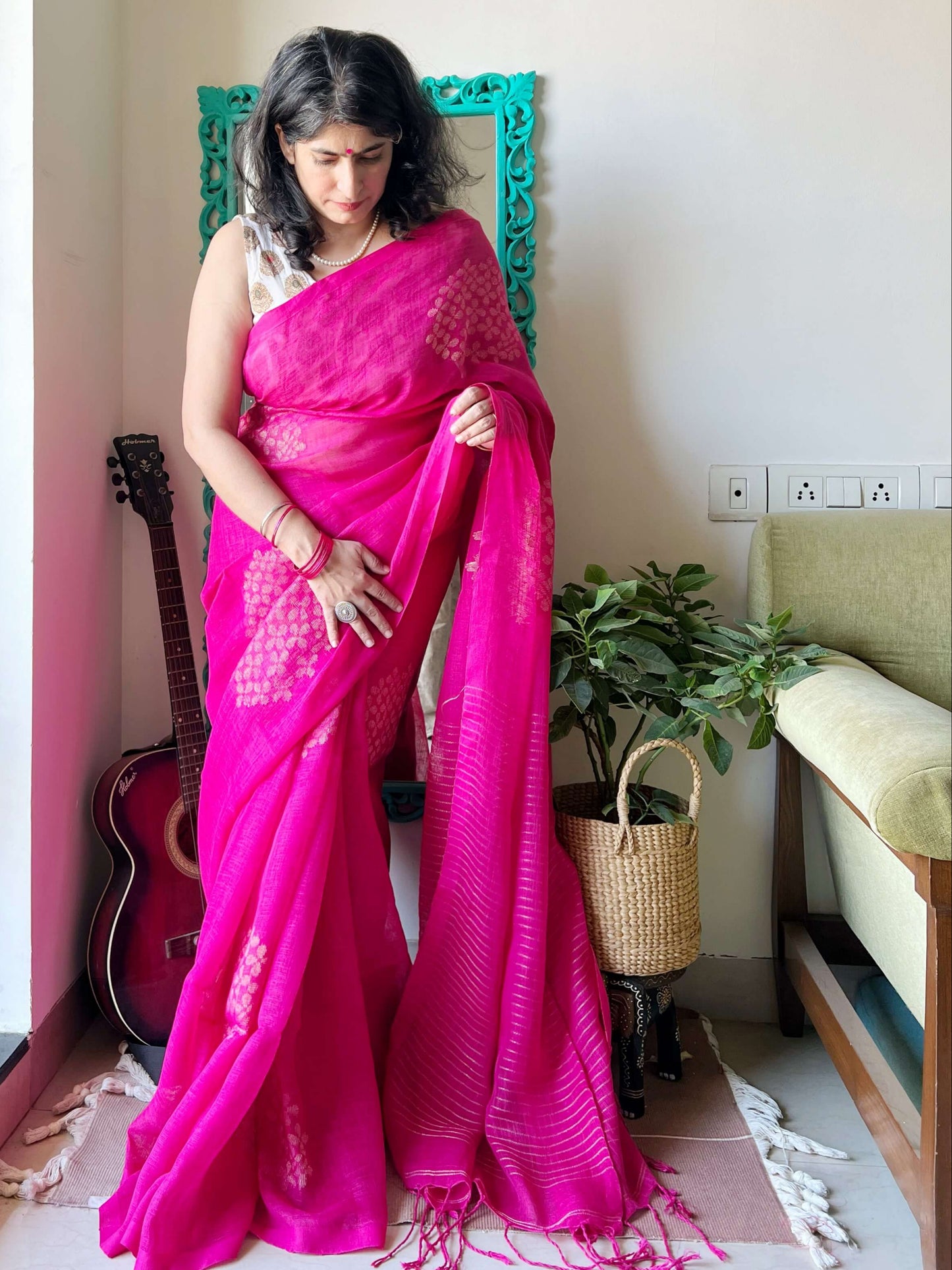 Pink Linen zari Saree