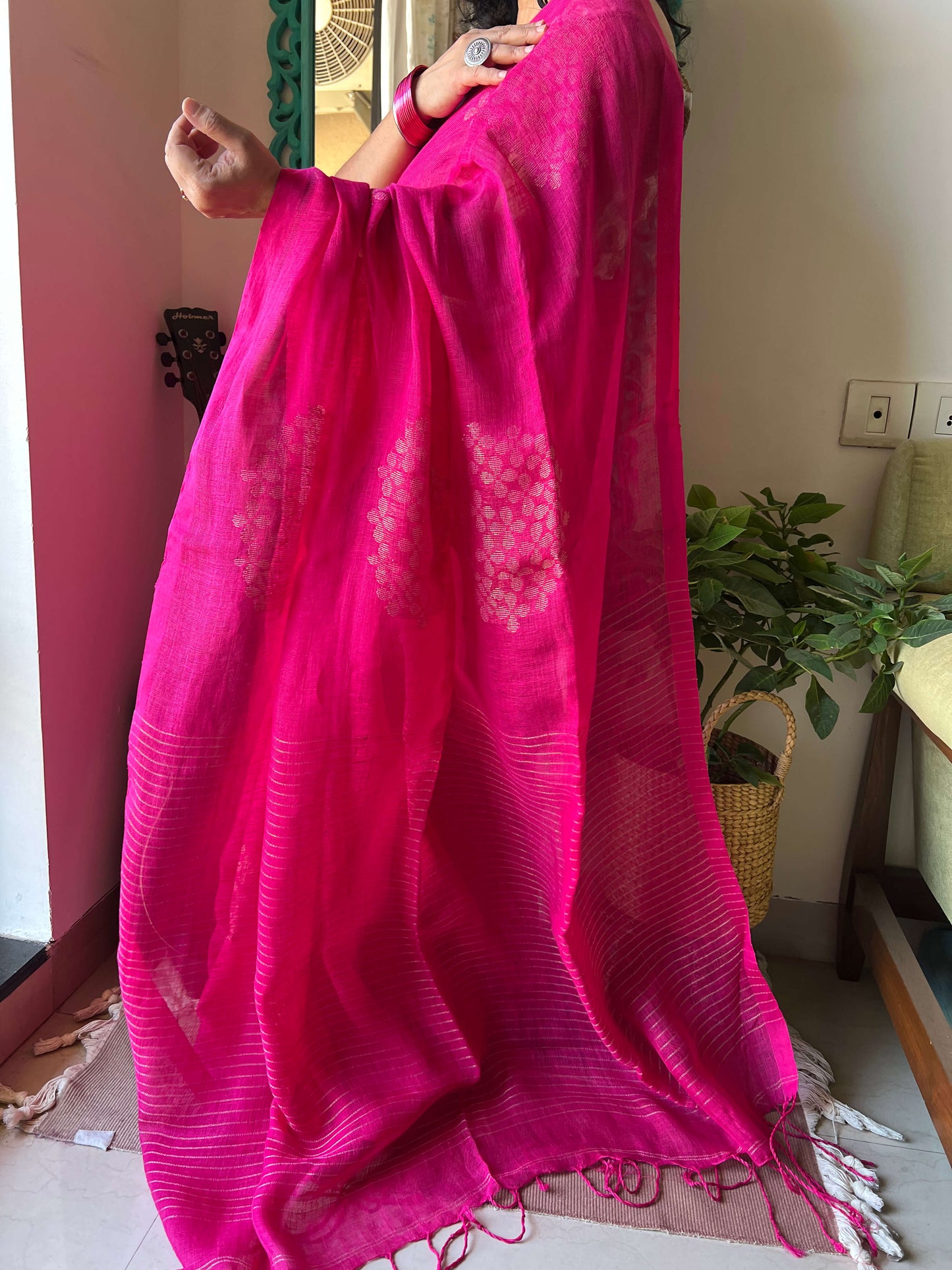 Pink Linen zari Saree