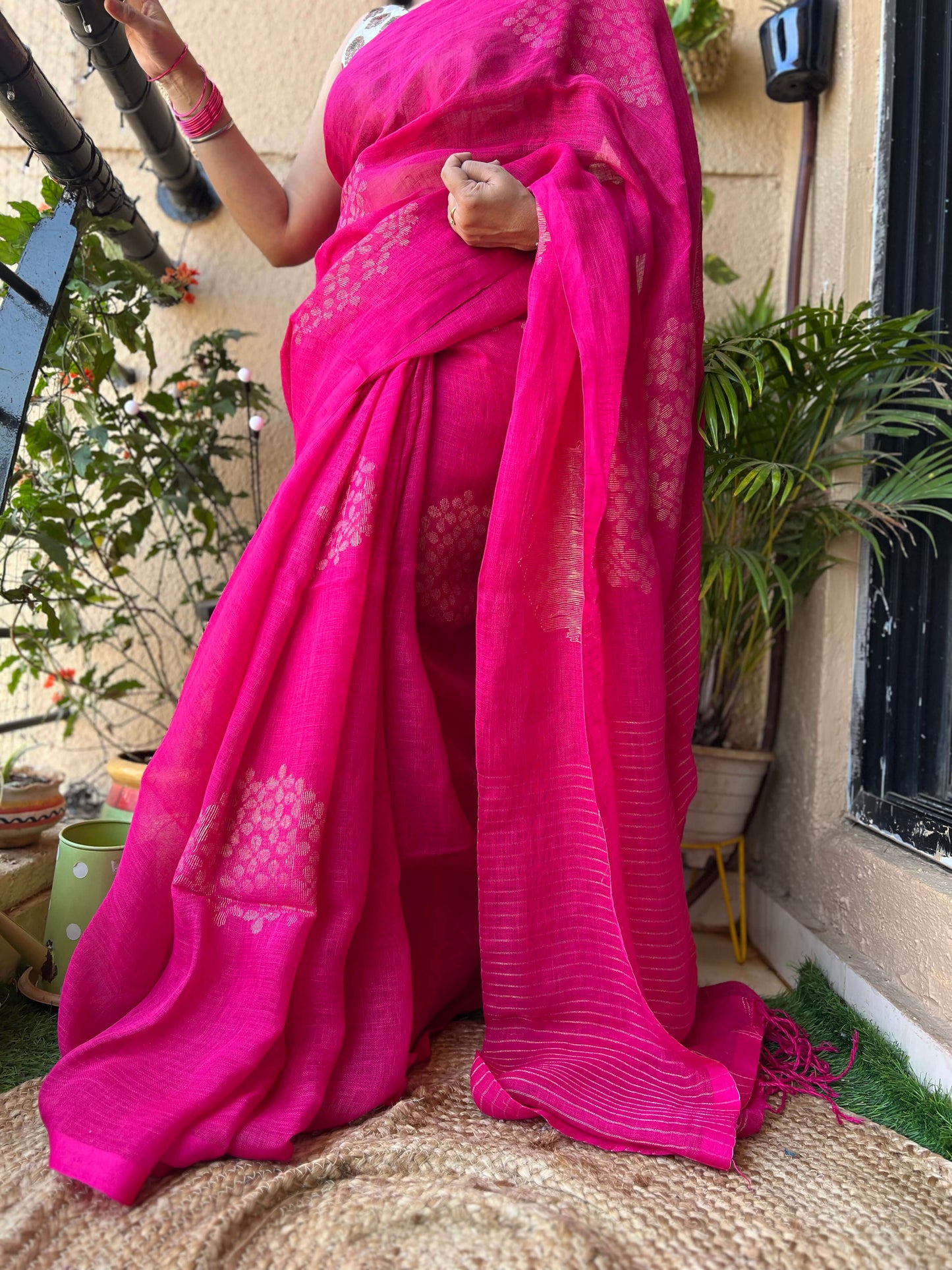 pink linen saree