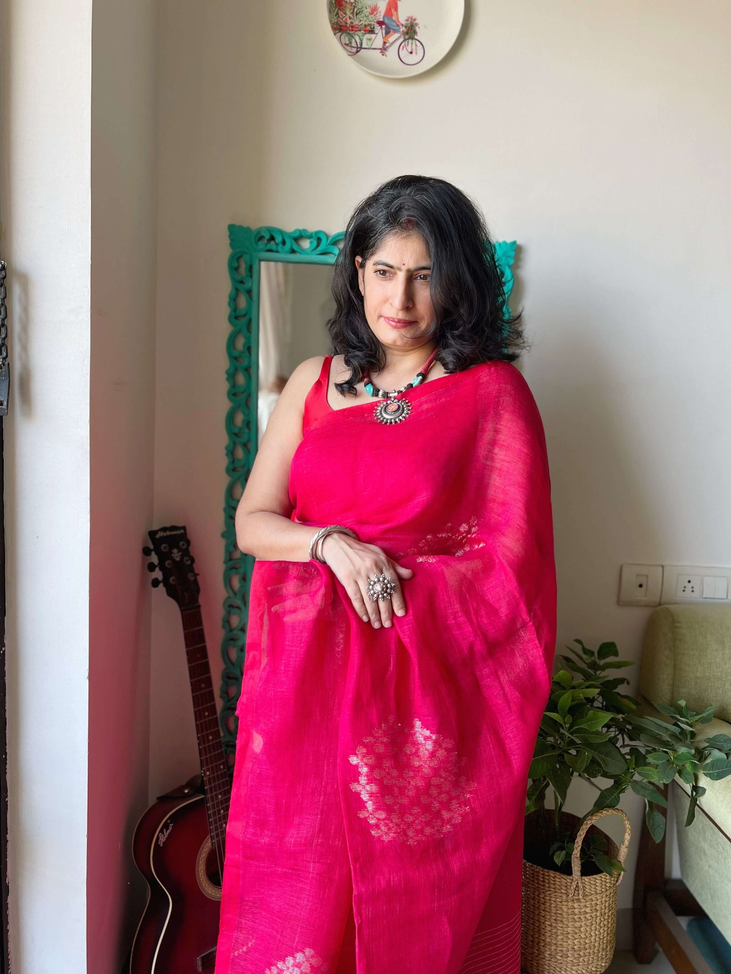 Red Linen zari Saree