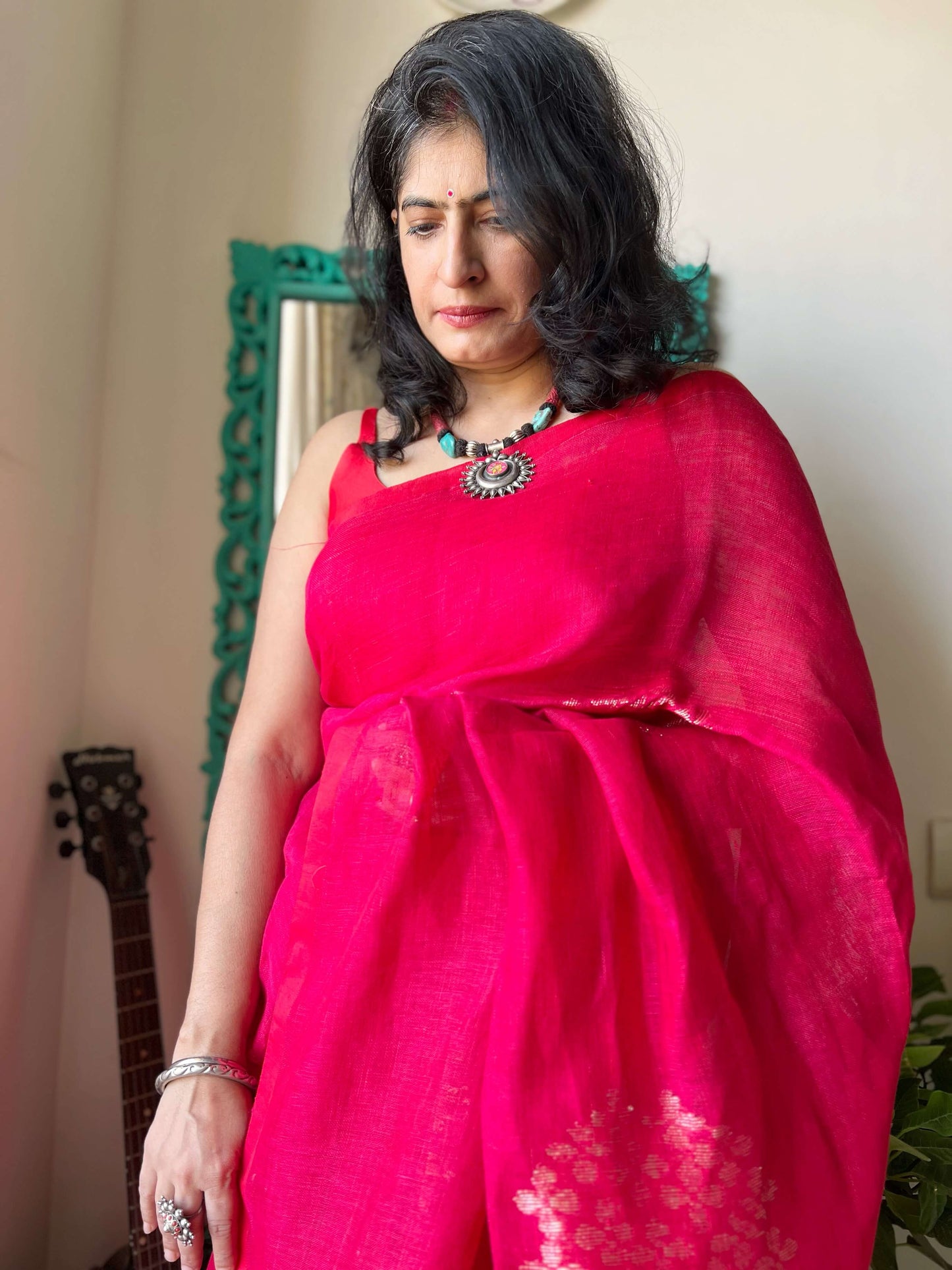 Red Linen zari Saree