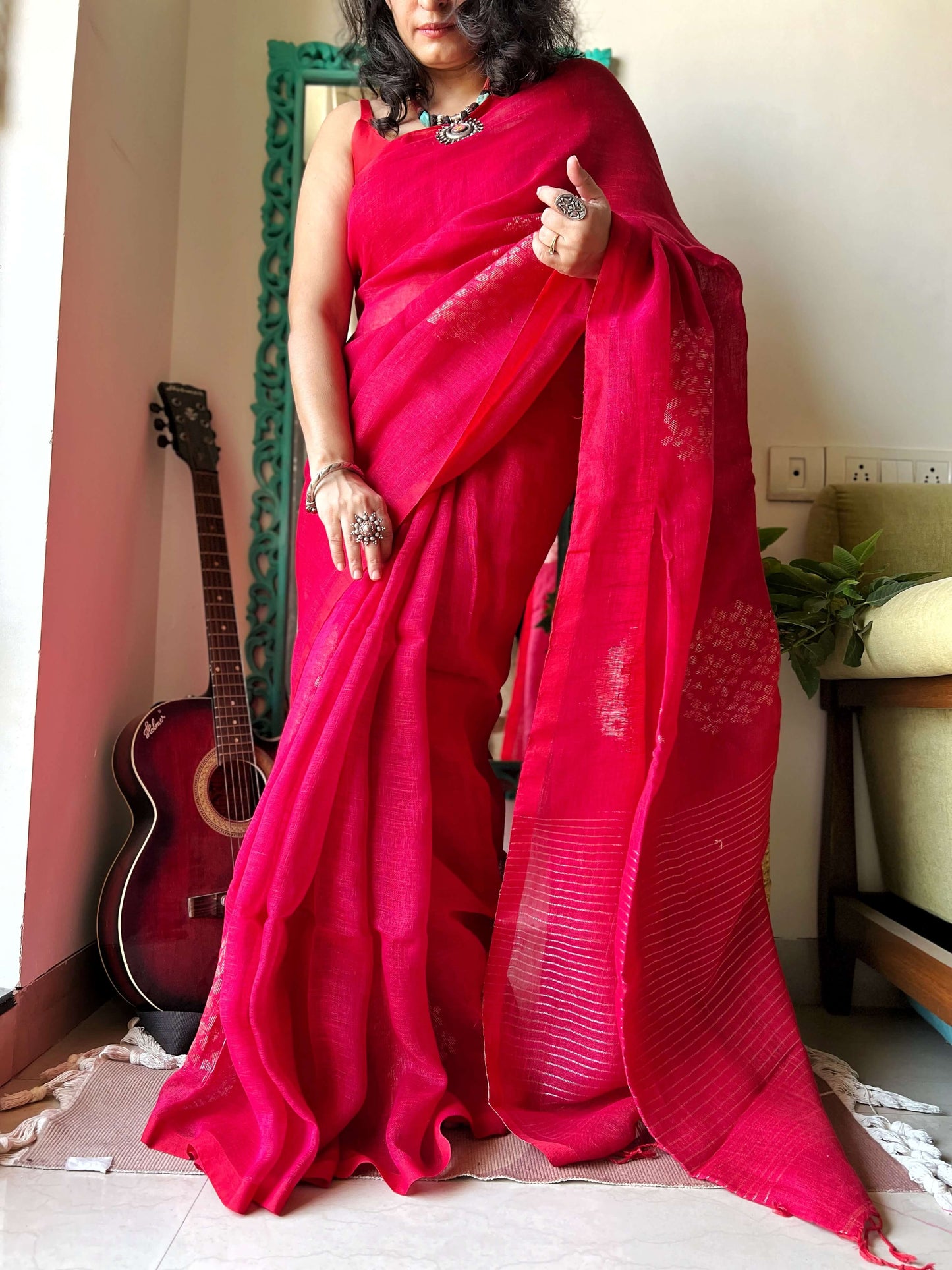 Red Linen zari Saree