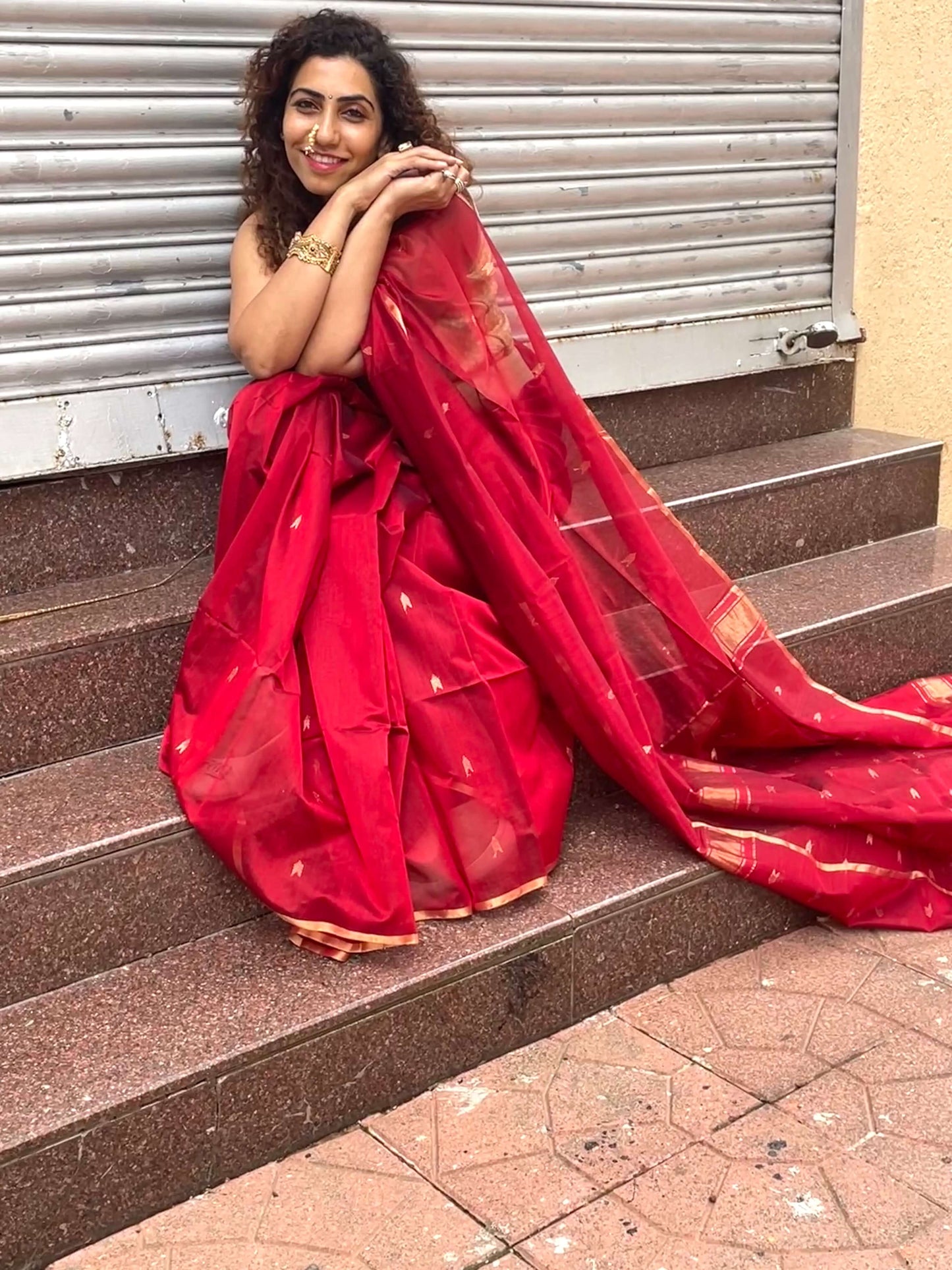 Red Maheshwari Saree ~ Rang collection