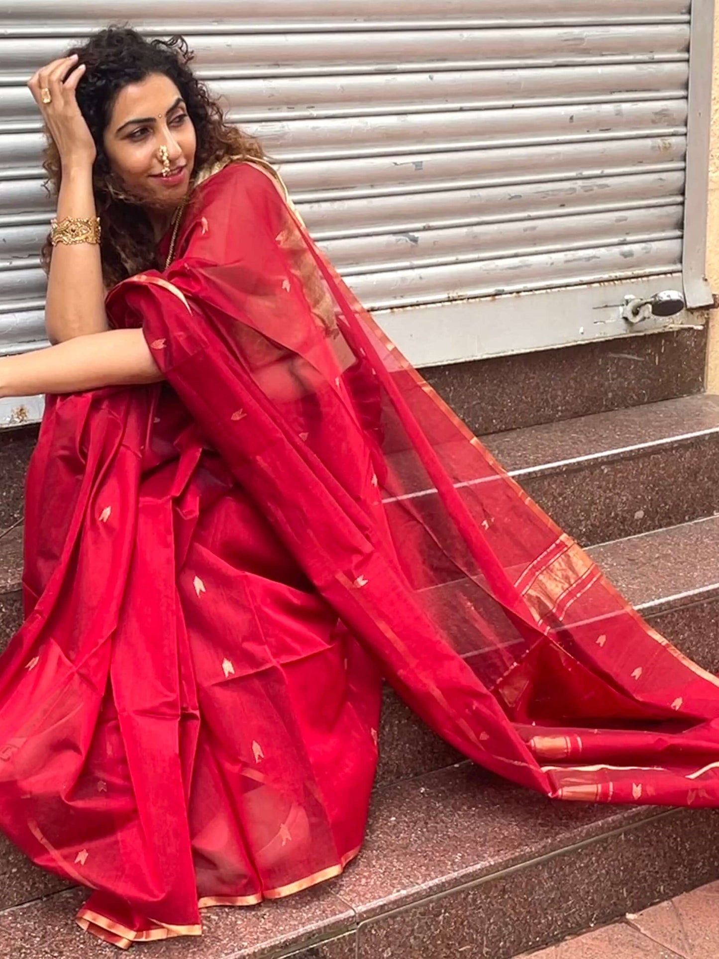 Red Maheshwari Saree ~ Rang collection