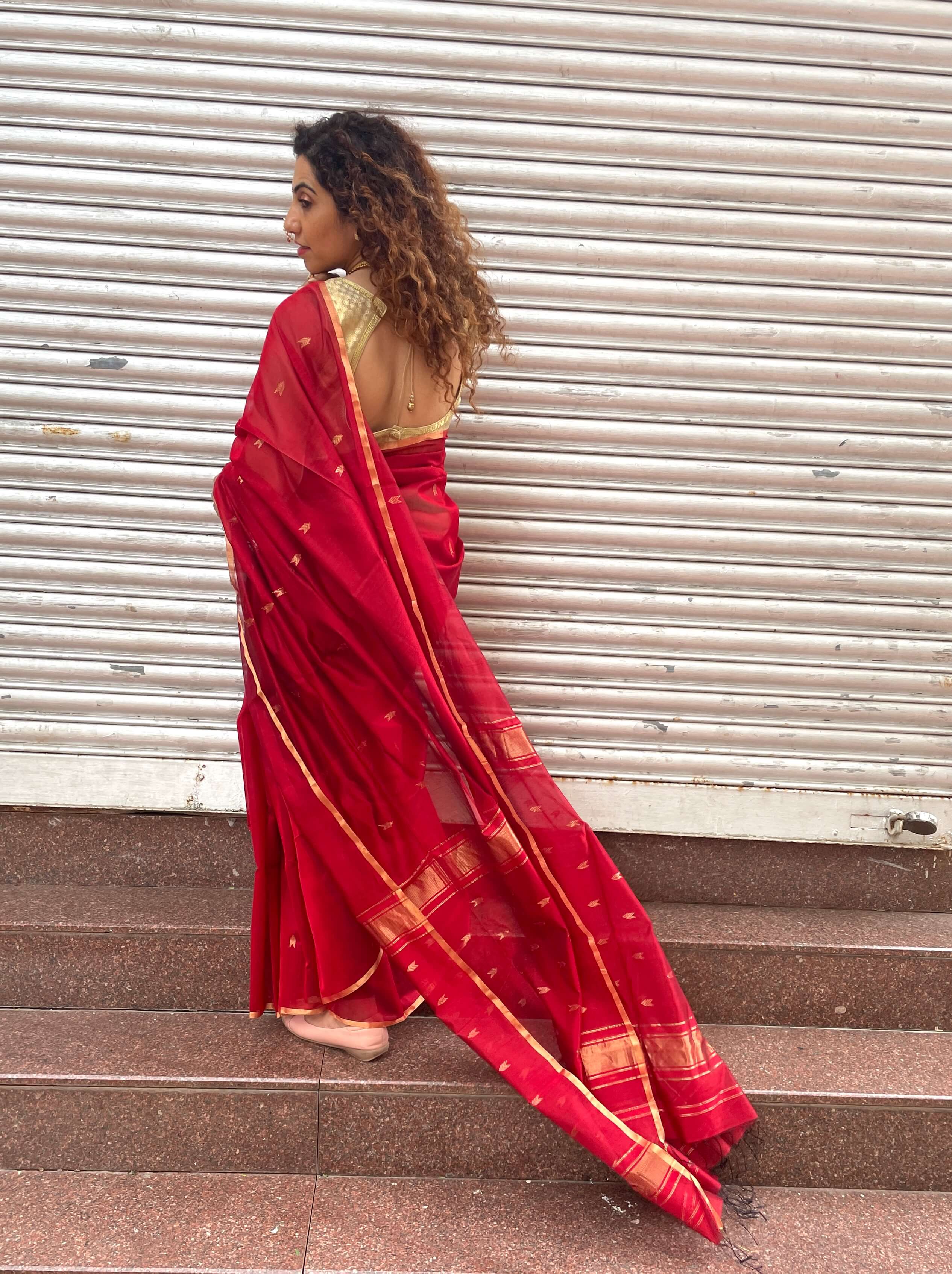 Red Maheshwari outlets sari with Blouse - Indian saree - Saree For Women - Sarees - Linen Saree - Gift For Mother - Festival Saree