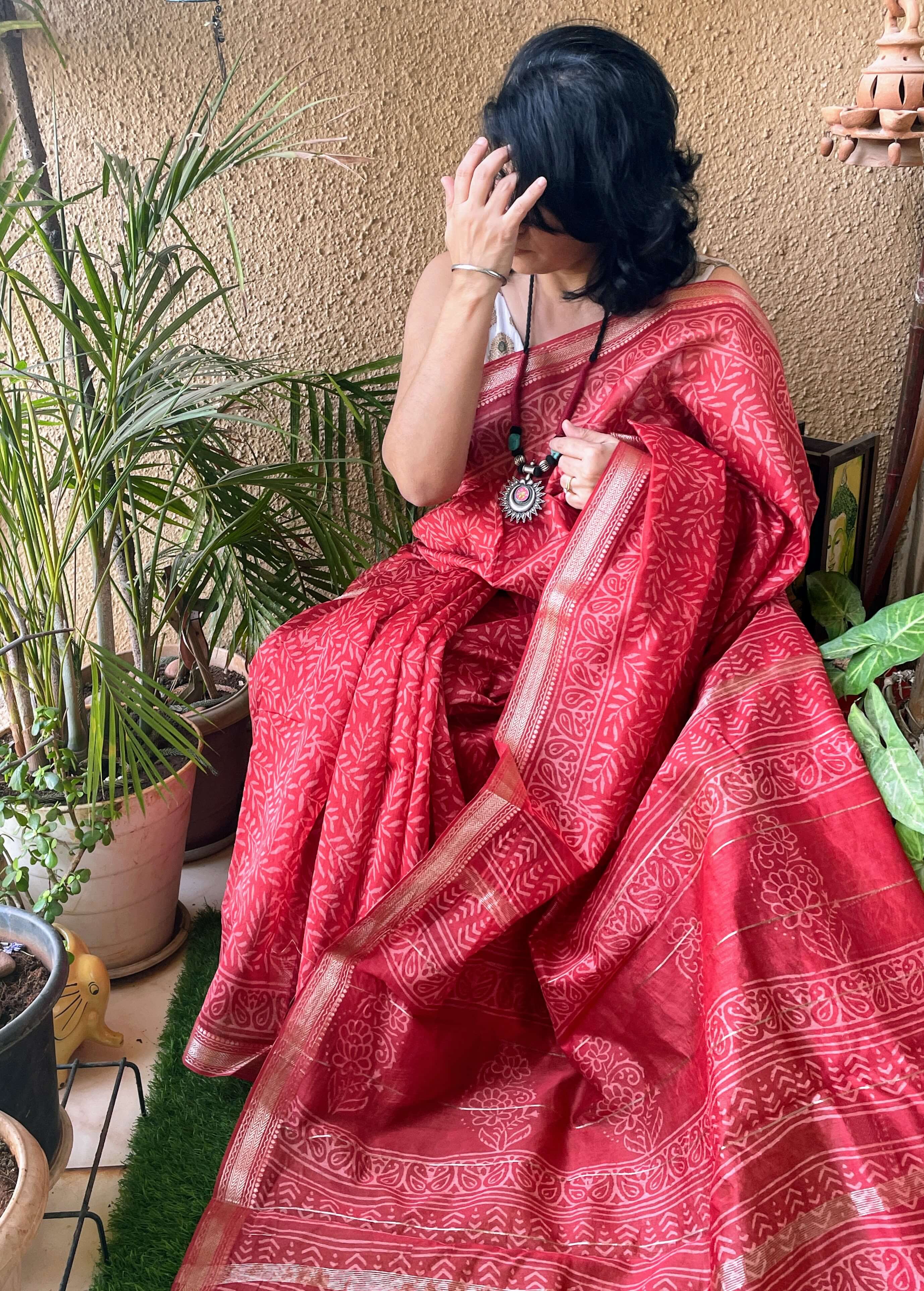 Shops Red block print Saree