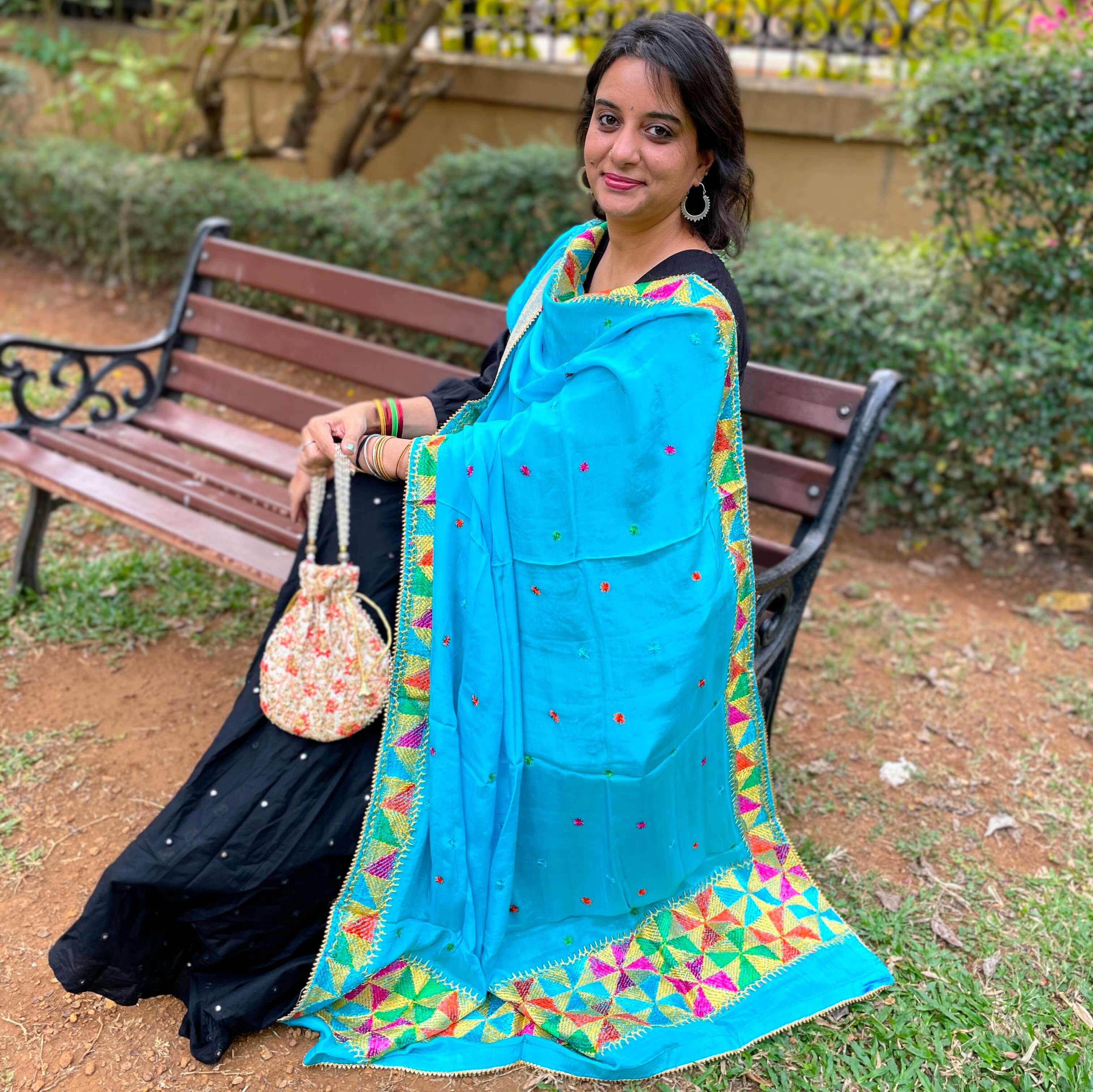 Turquoise Phulkari hand embroidery Dupatta – For Sarees