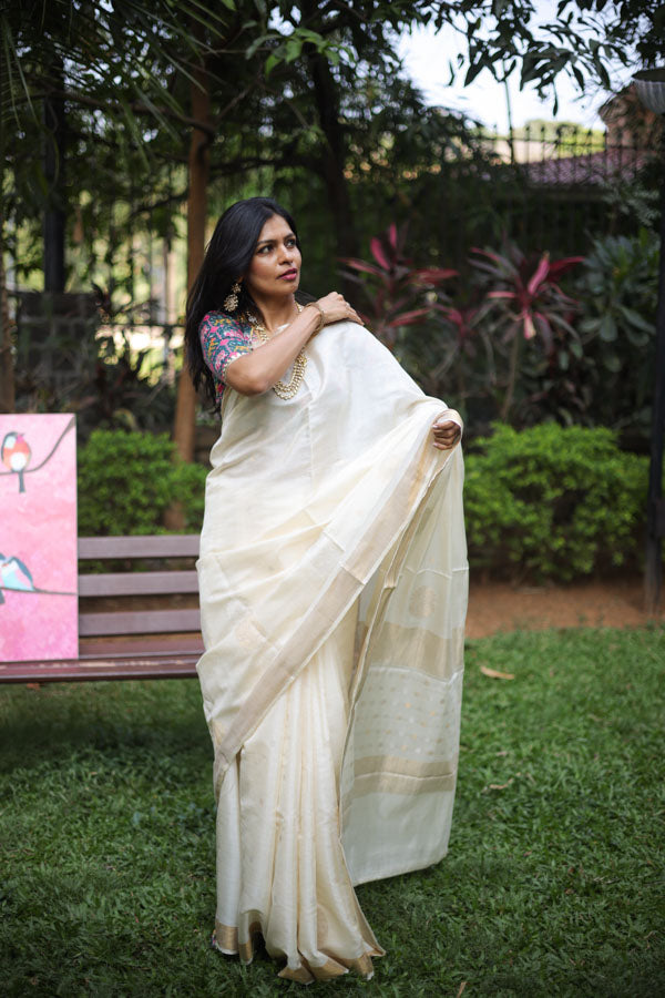 Off White Silk Blend Abstract Embellished SareeDefault Title | Saree, Blouse  piece, Embellished blouse