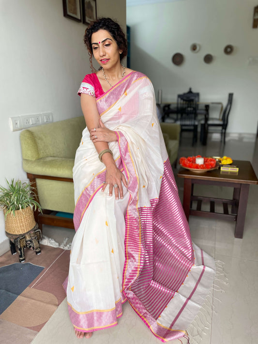 White Pink Maheshwari Saree ~ Rang collection