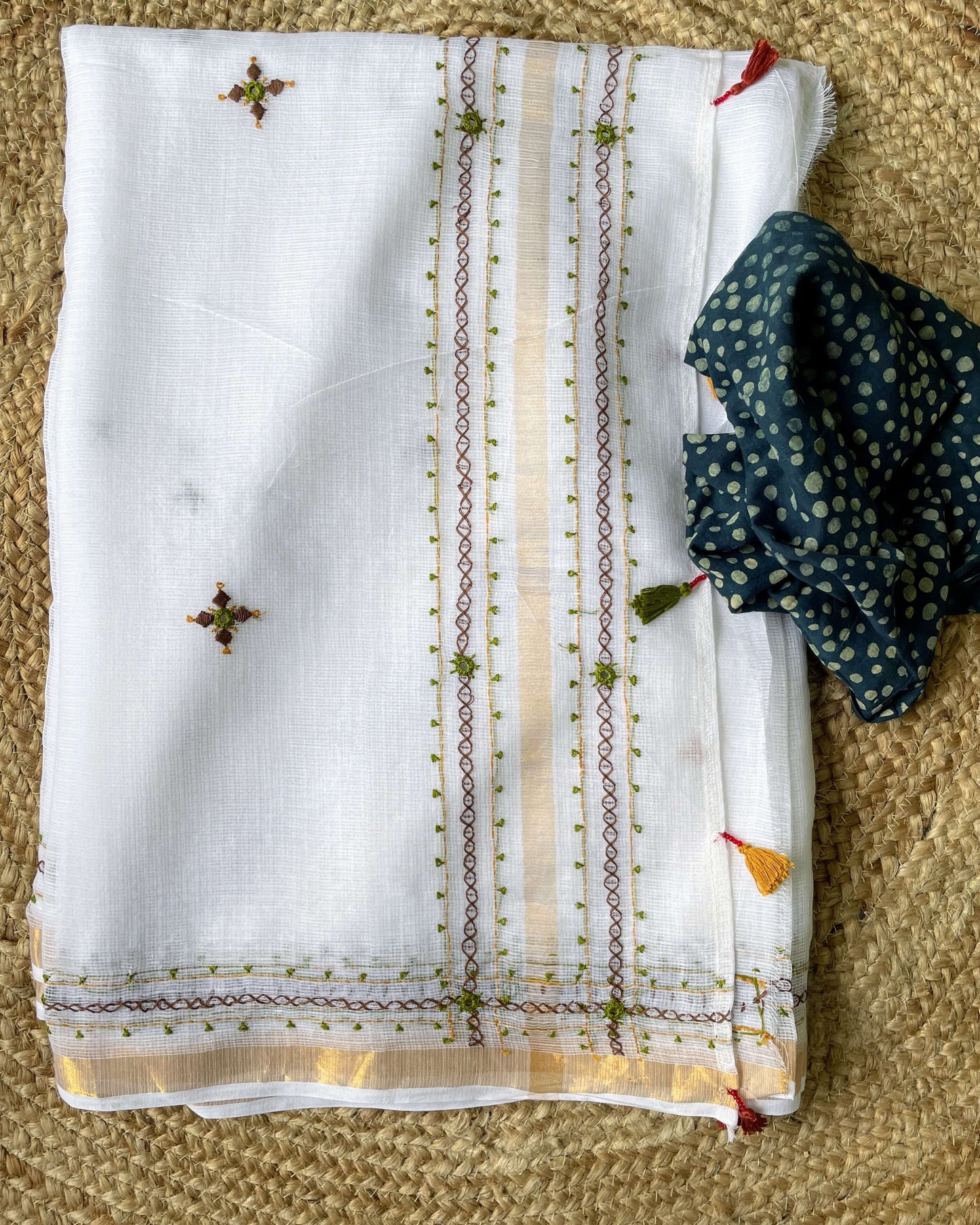 White Kota cotton with green embroidery