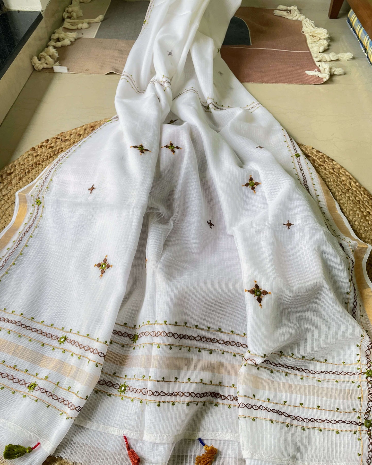 White Kota cotton with green embroidery