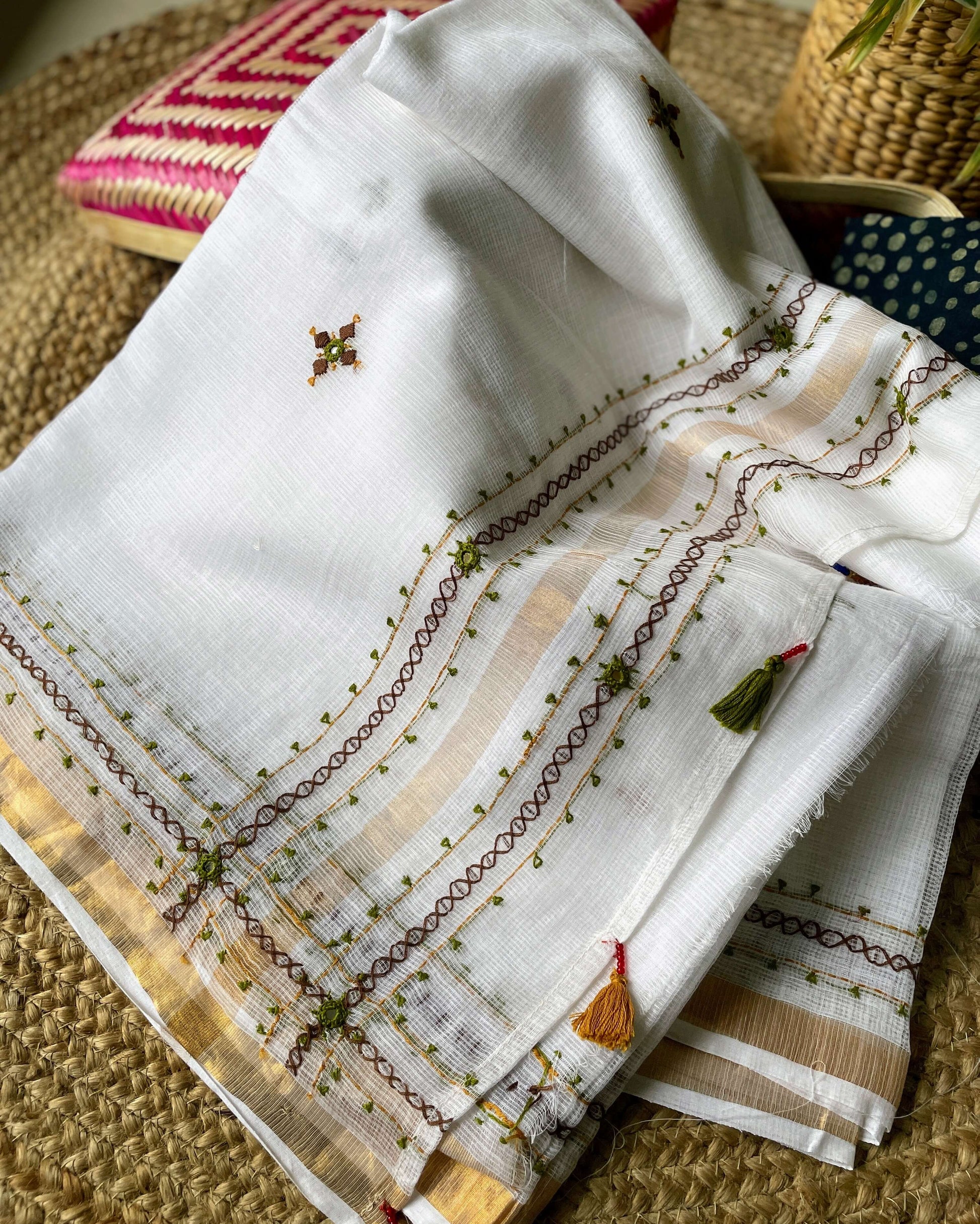 white green kota embroidery saree