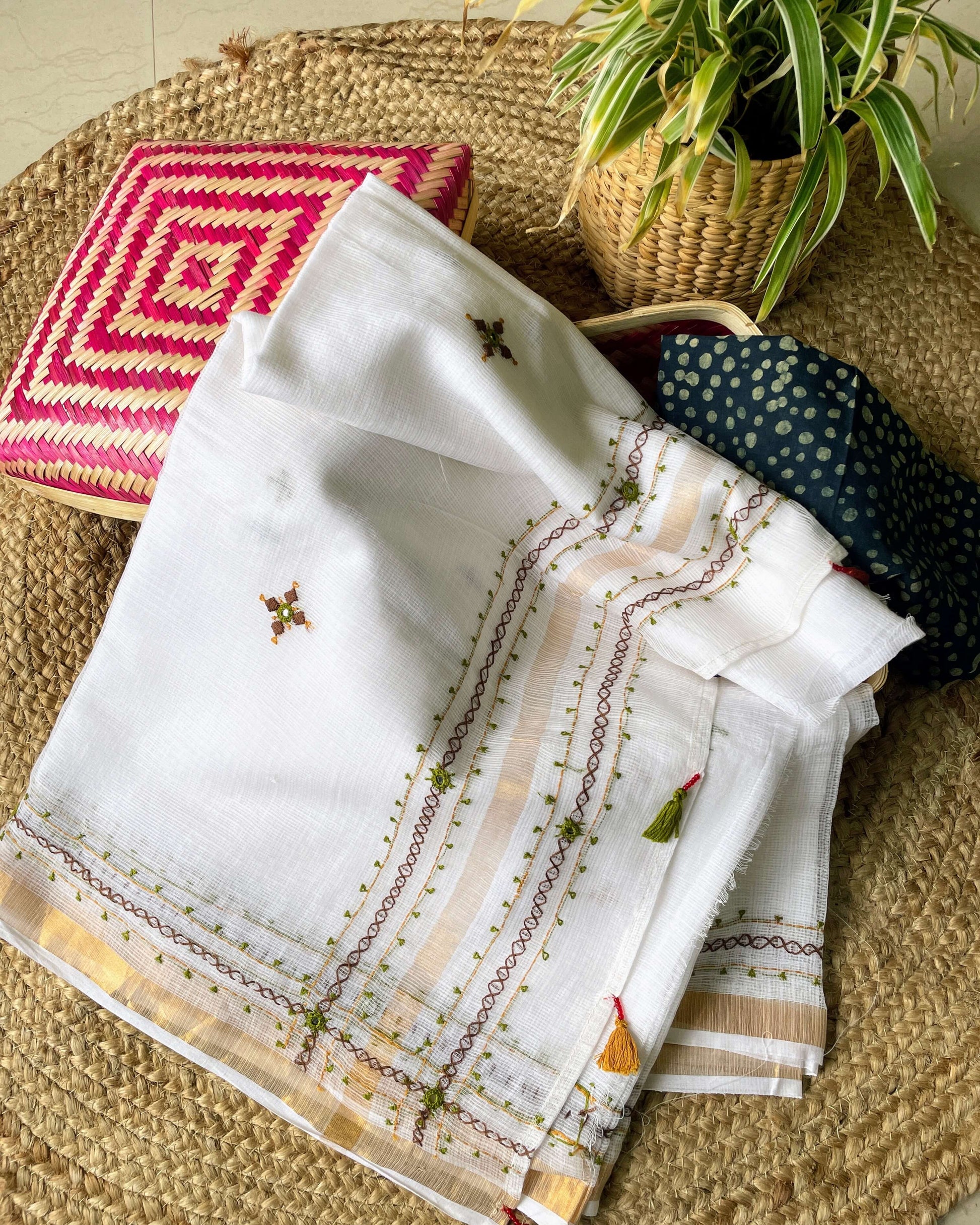 white green kota embroidery saree