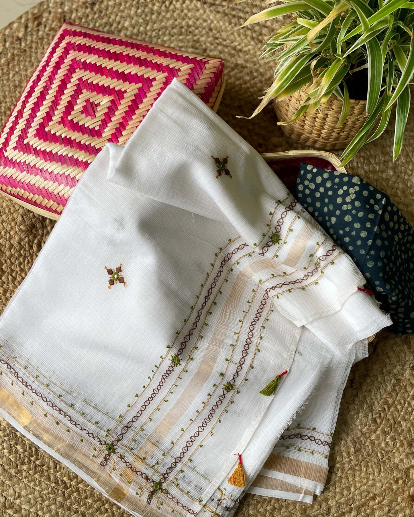 White Kota cotton with green embroidery