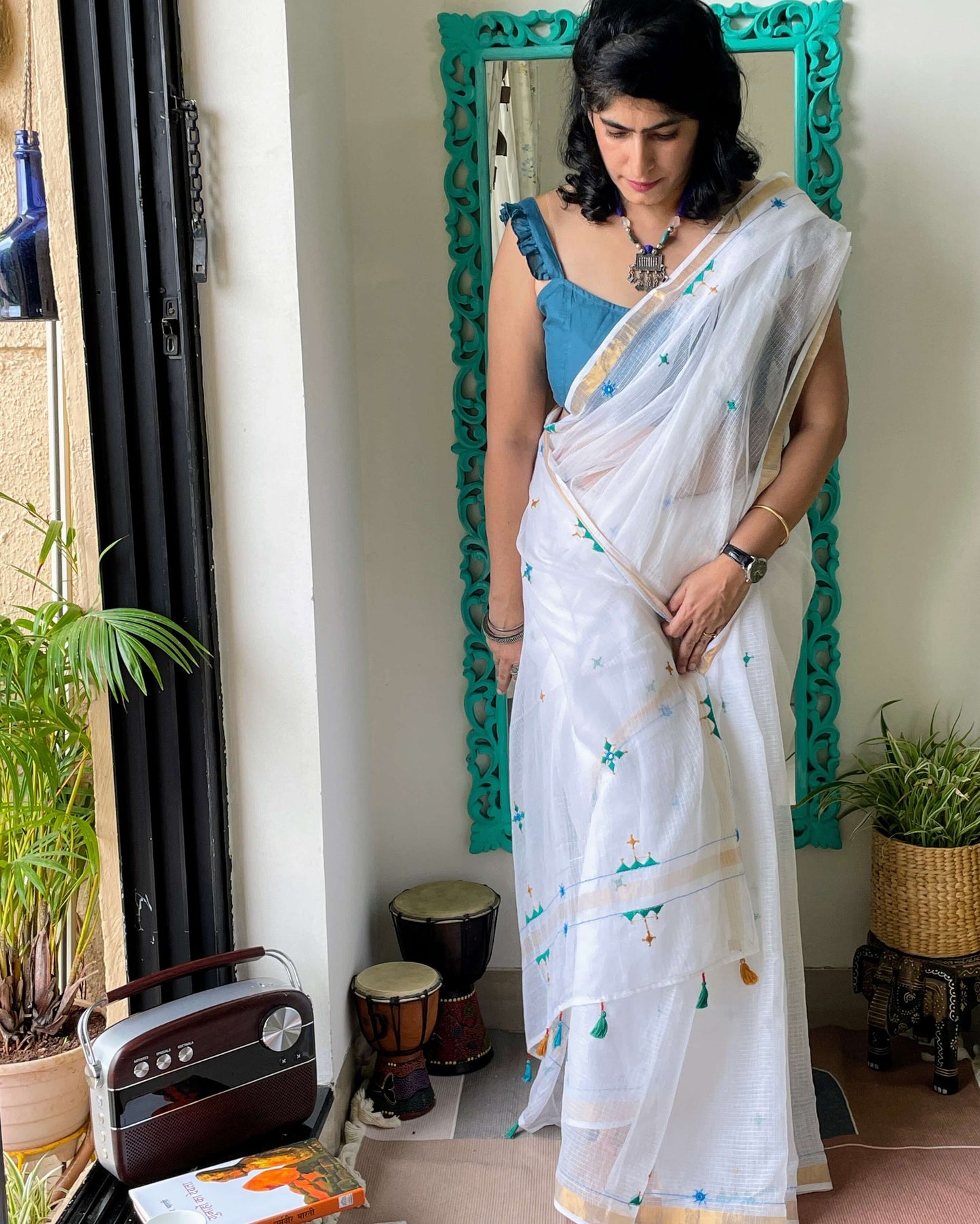 White Kota cotton with blue embroidery