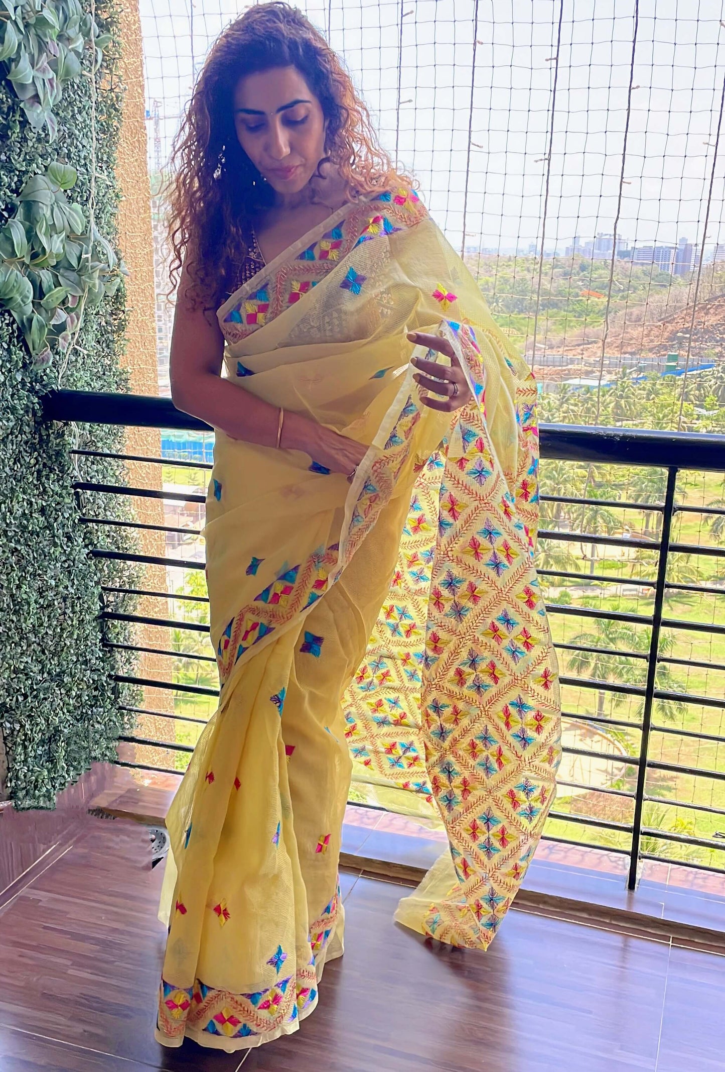 Sunshine Yellow Phulkari embroidery Saree