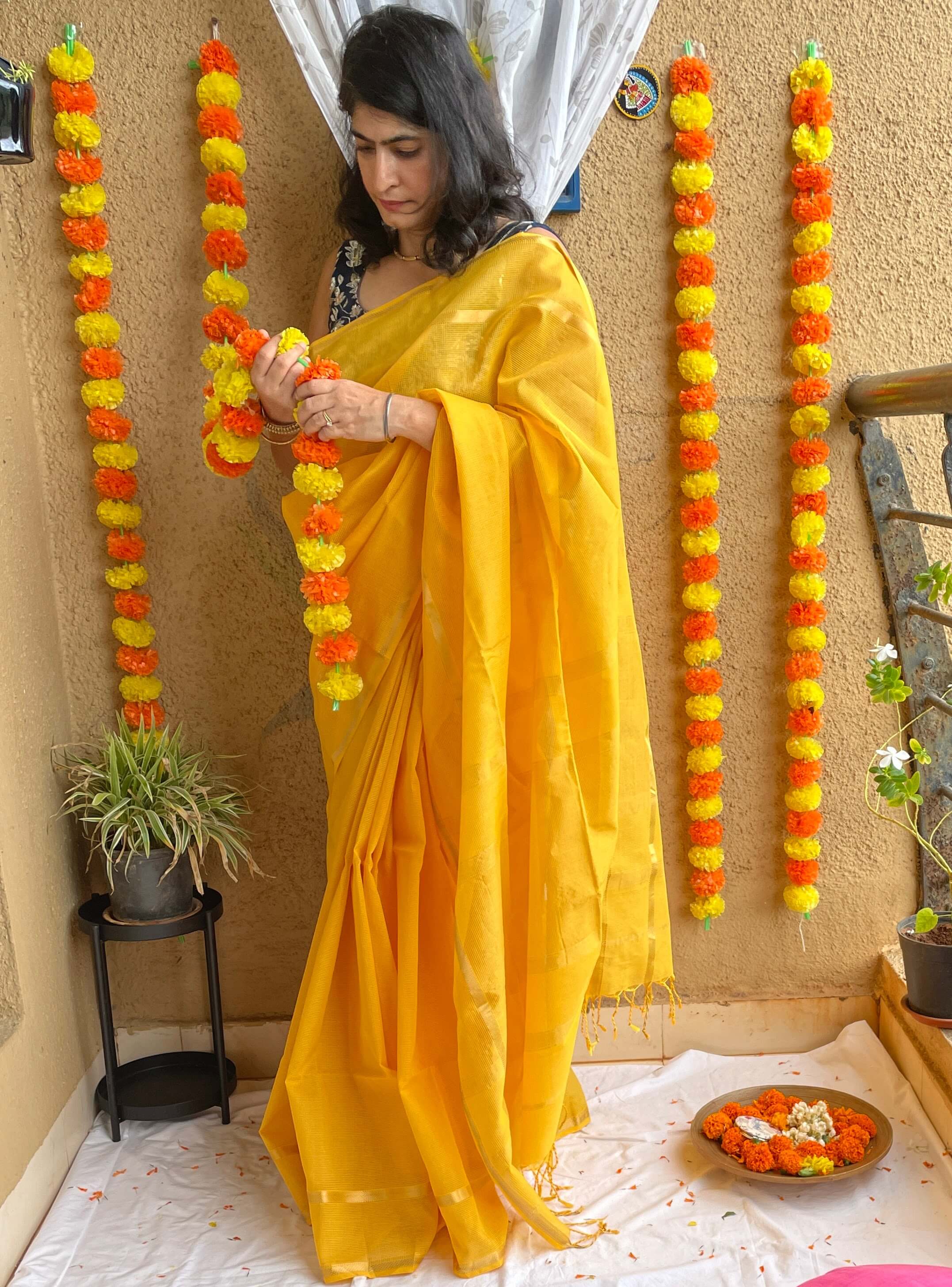 Yellow Saree With Blouse | Yellow saree, Unique blouse designs, Long blouse  designs