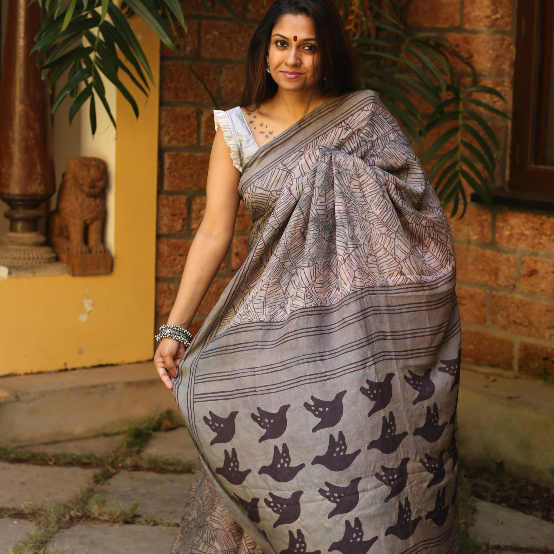 Paulmi and Harsh - Indigo bird print pre-stitched saree - Lilly's Boutique  London