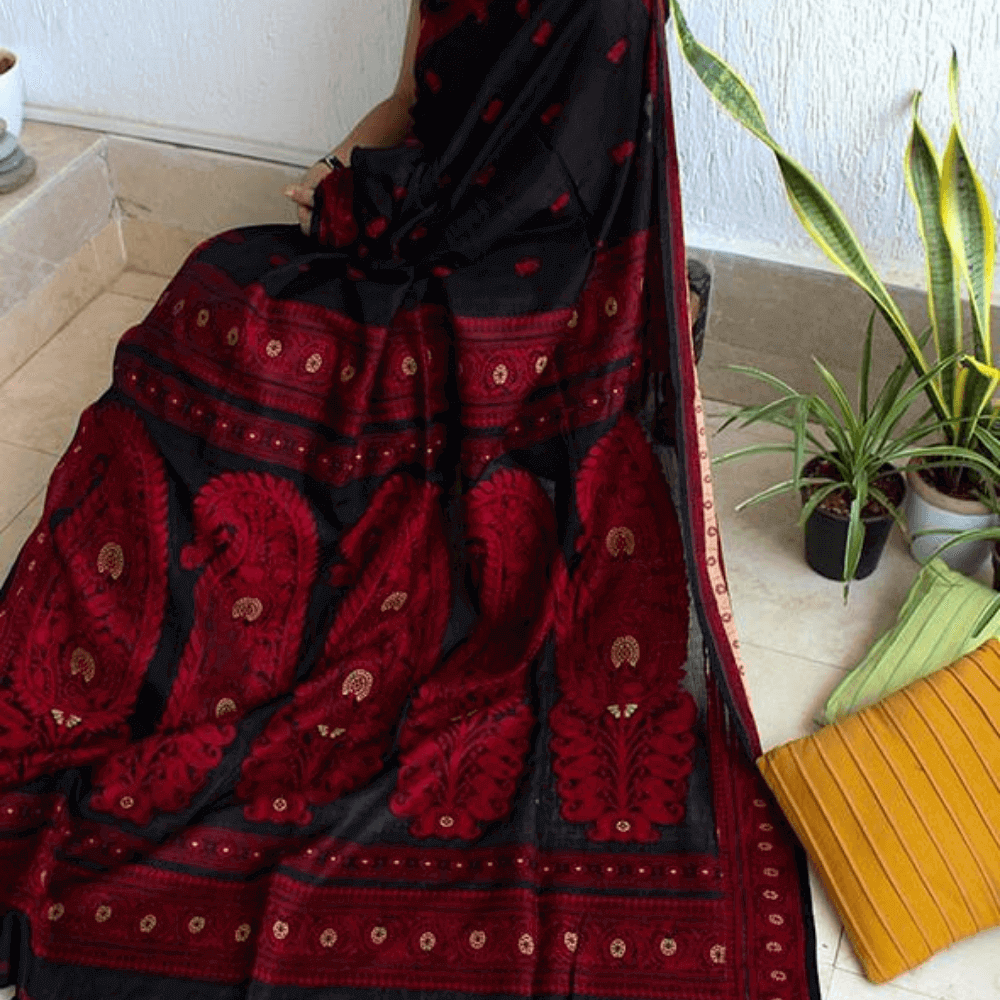 Black with White and Red Baluchari Saree from Bengal