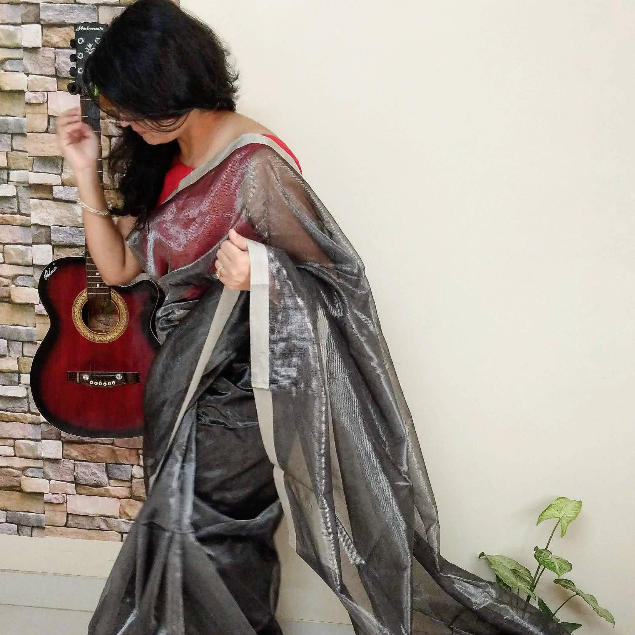 GREY IKAT AND AJRAKH COMBINATION SAREE WITH MAROON COTTON SILK PALLU –  ShopBollyWear.Com