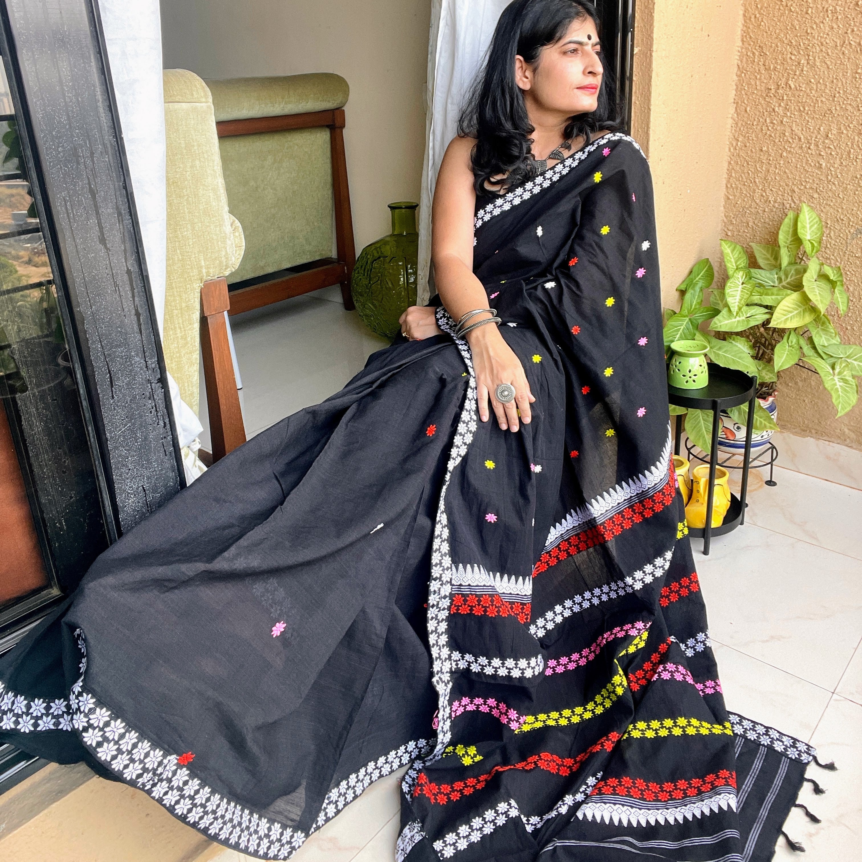 Midnight blue with black border mercerised cotton saree with Rich zari