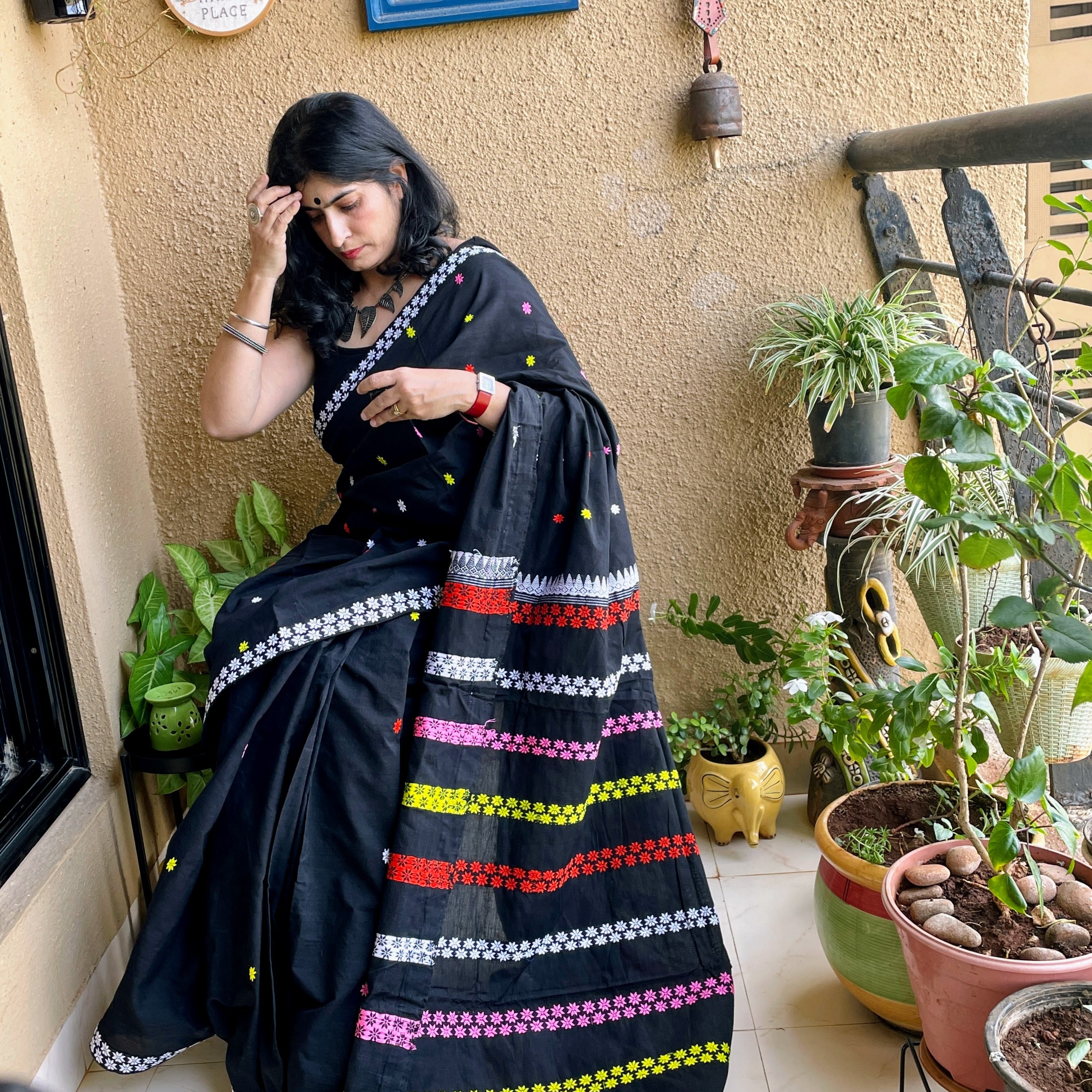 Black Cotton Printed Saree | WOMANIYA-22901 | Cilory.com