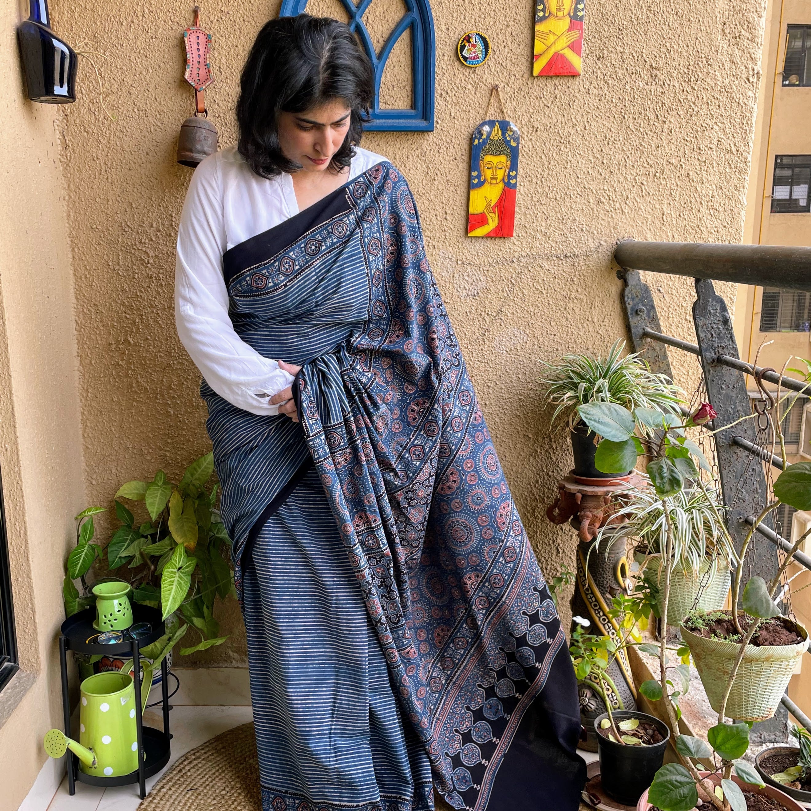 Brown and light mustard Ajrakh saree on modal silk - Junk Dazzle