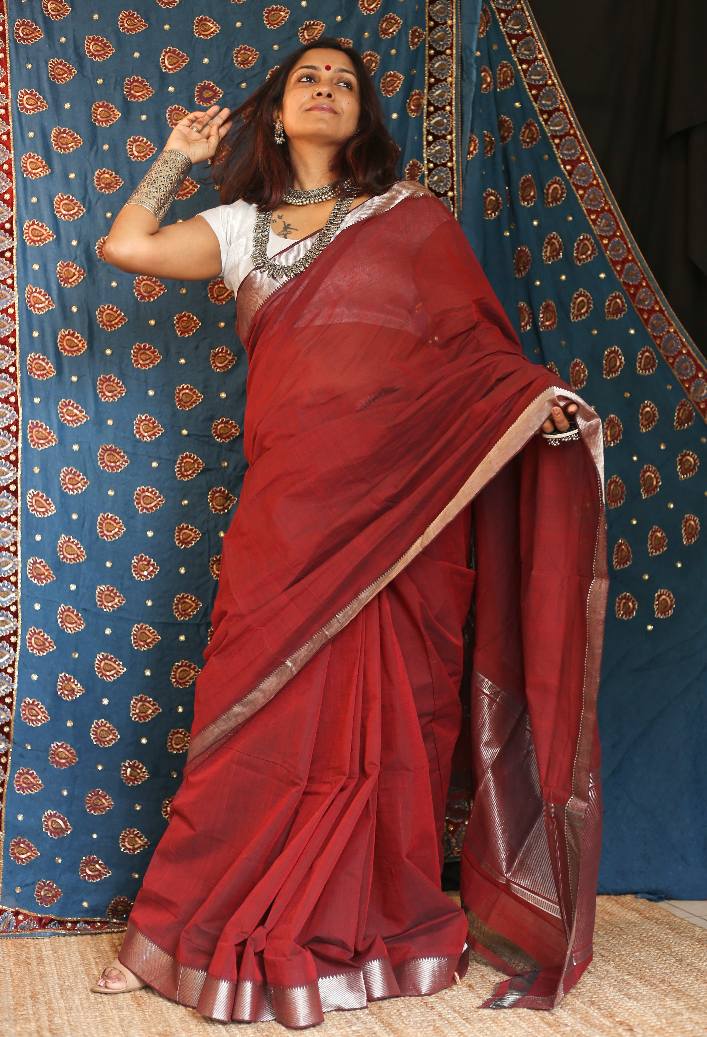 Deep Red Maroon Saree with Classic Blouse & Sequin Details - Seasons India
