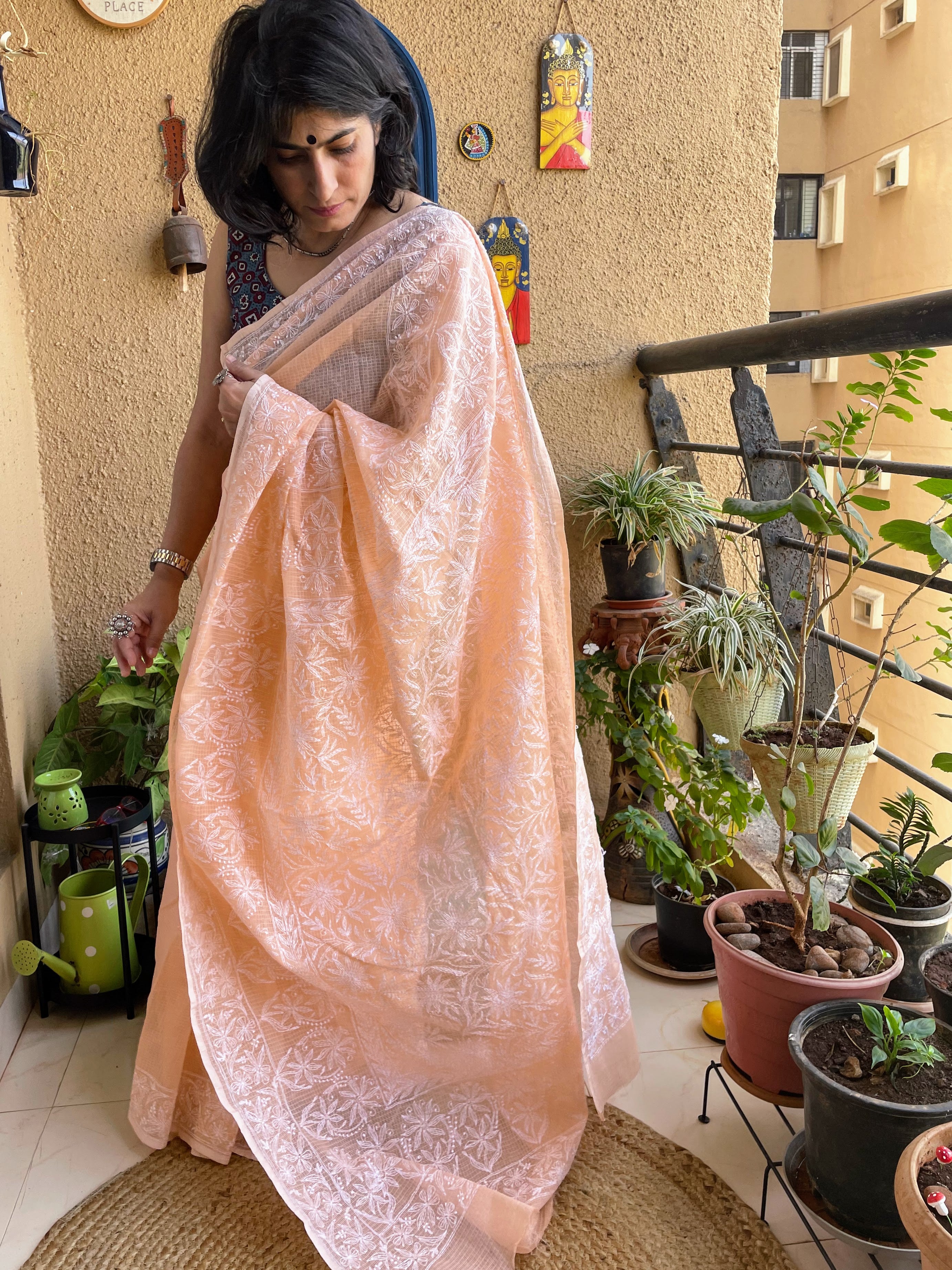 Traditional Chikankari Hand Embroidery Pattern Check Kota Saree | TOT1