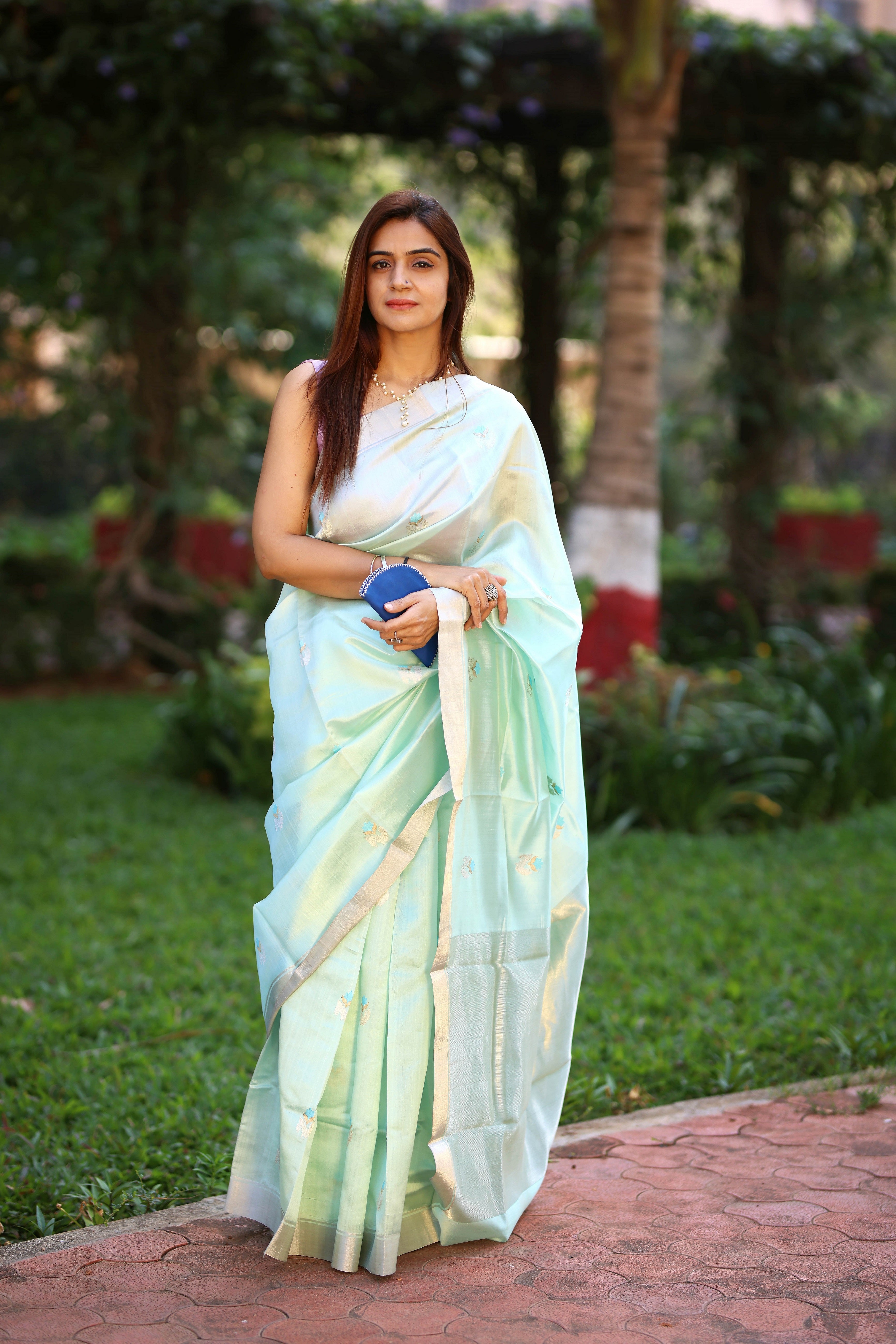 Sage Green Linen Embroidered Saree | Lucknowi-743 | Cilory.com